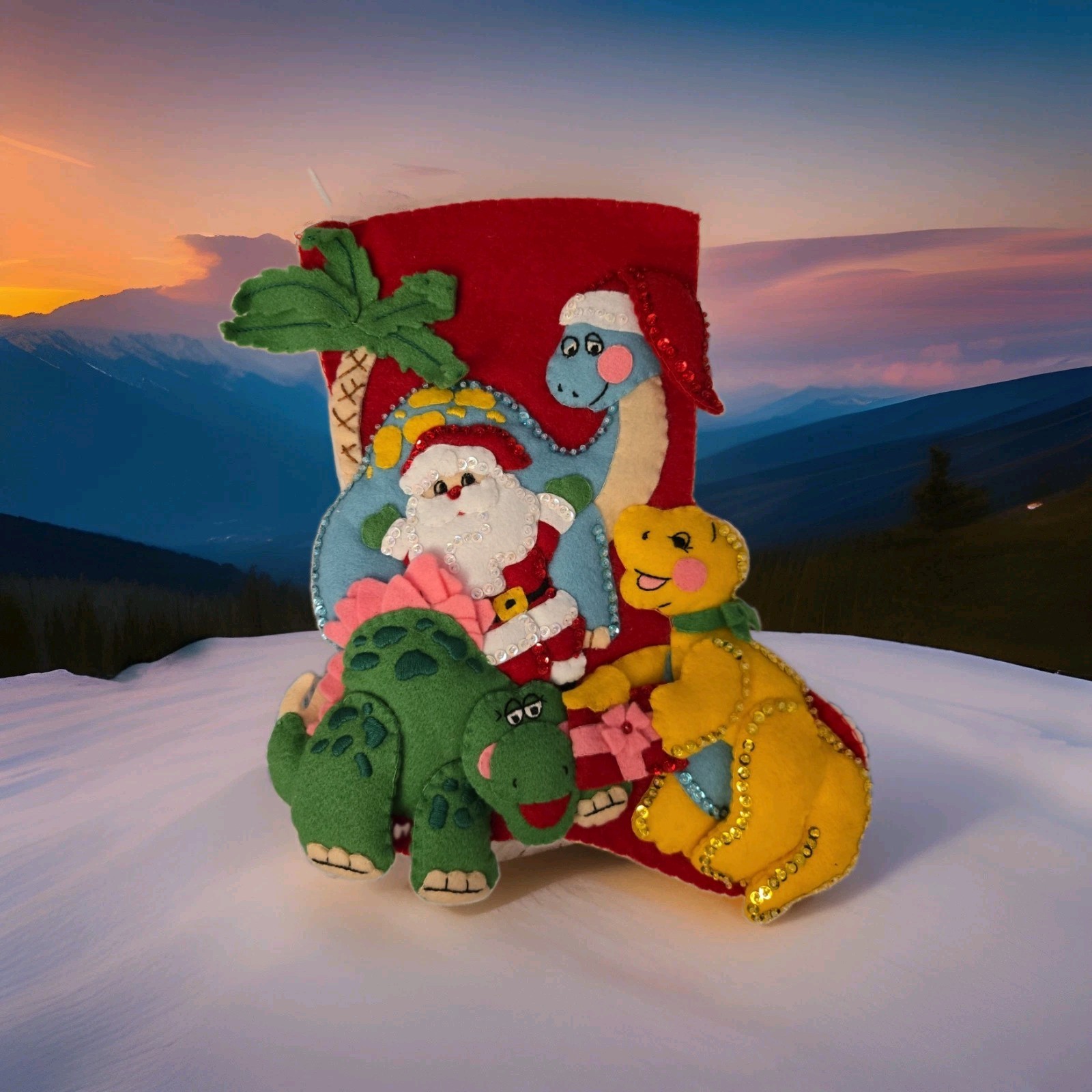 Bucilla Santa Dinosaurs Palm Tree Felt Applique Christmas Stocking Vintage Rare