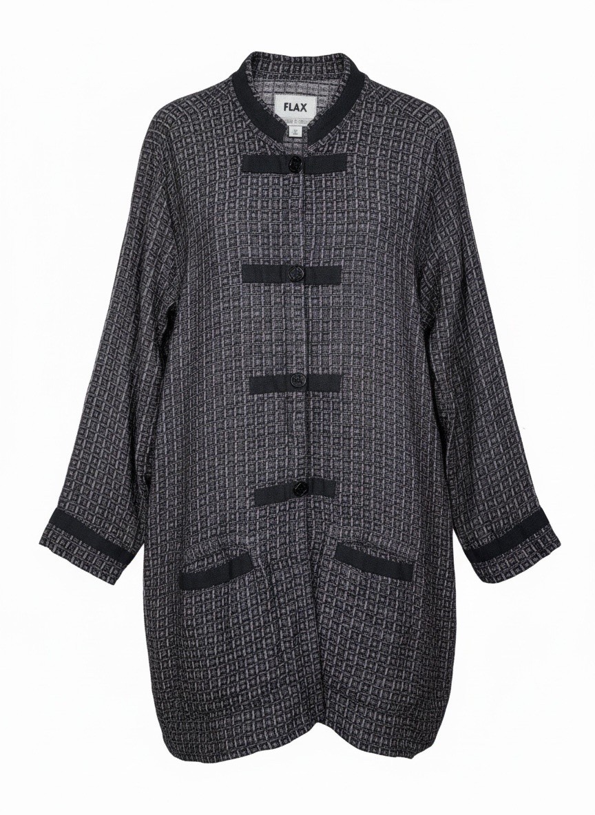 FLAX Linen Large Relaxed Fit Lagenlook Black Grid Pattern Jacket Mandarin Collar