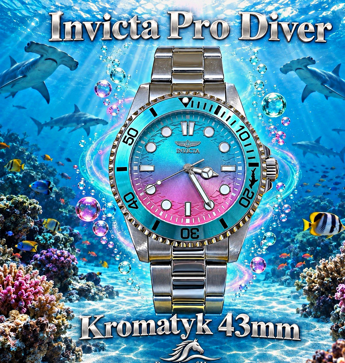 NEW Invicta Pro Diver Kromatyk 43mm Steel Quartz 100m Blue/Pink Gradient Dial