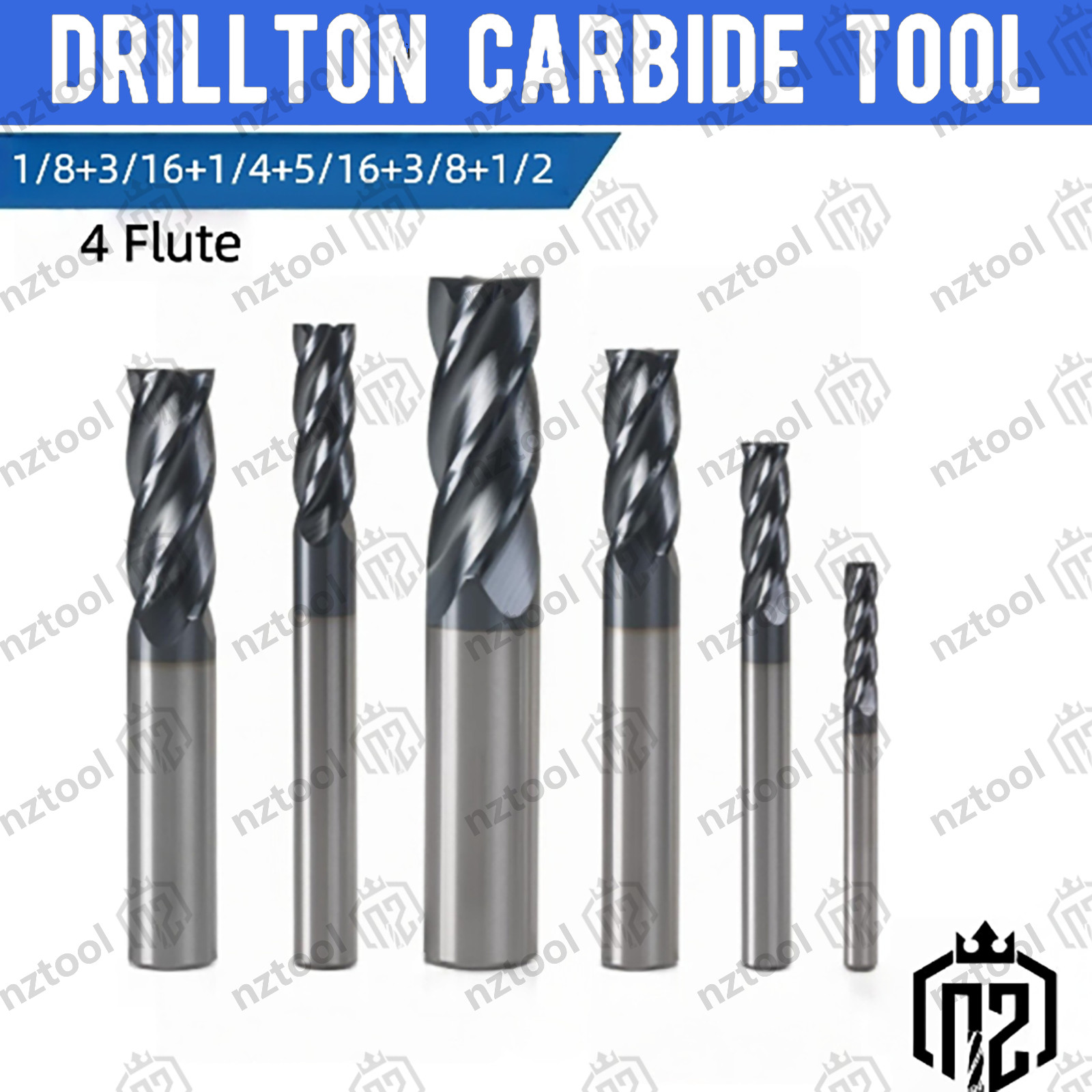 6Pcs Square Nose End Mill Set 1/8\'\' - 1/2\'\'  4 Flute  AlTiN Coated Solid Carbide
