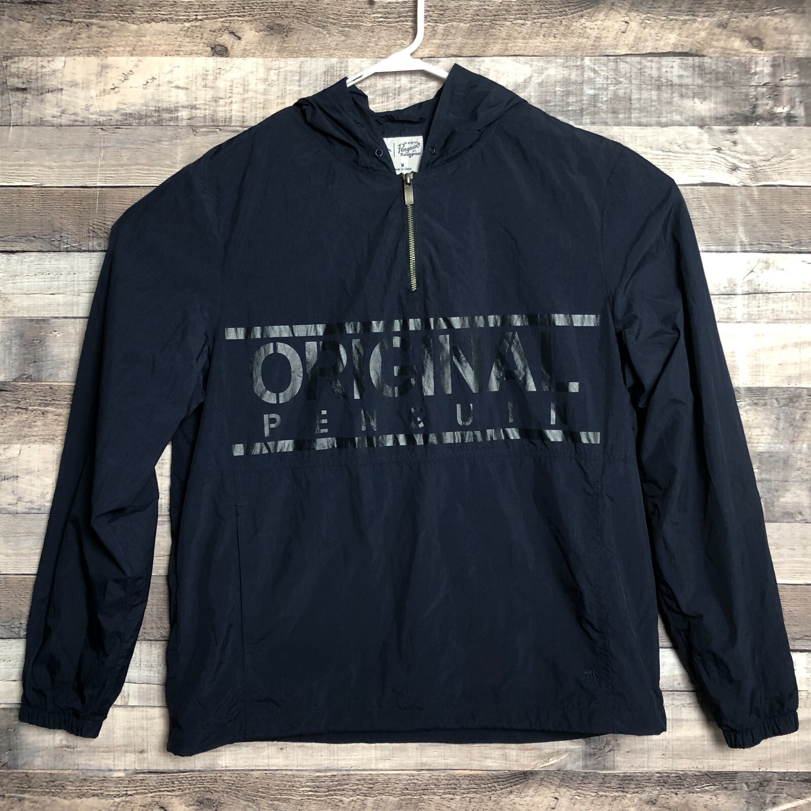 Original Penguin Windbreaker Pullover Mens Medium 1/4 Zip Hooded Spellout