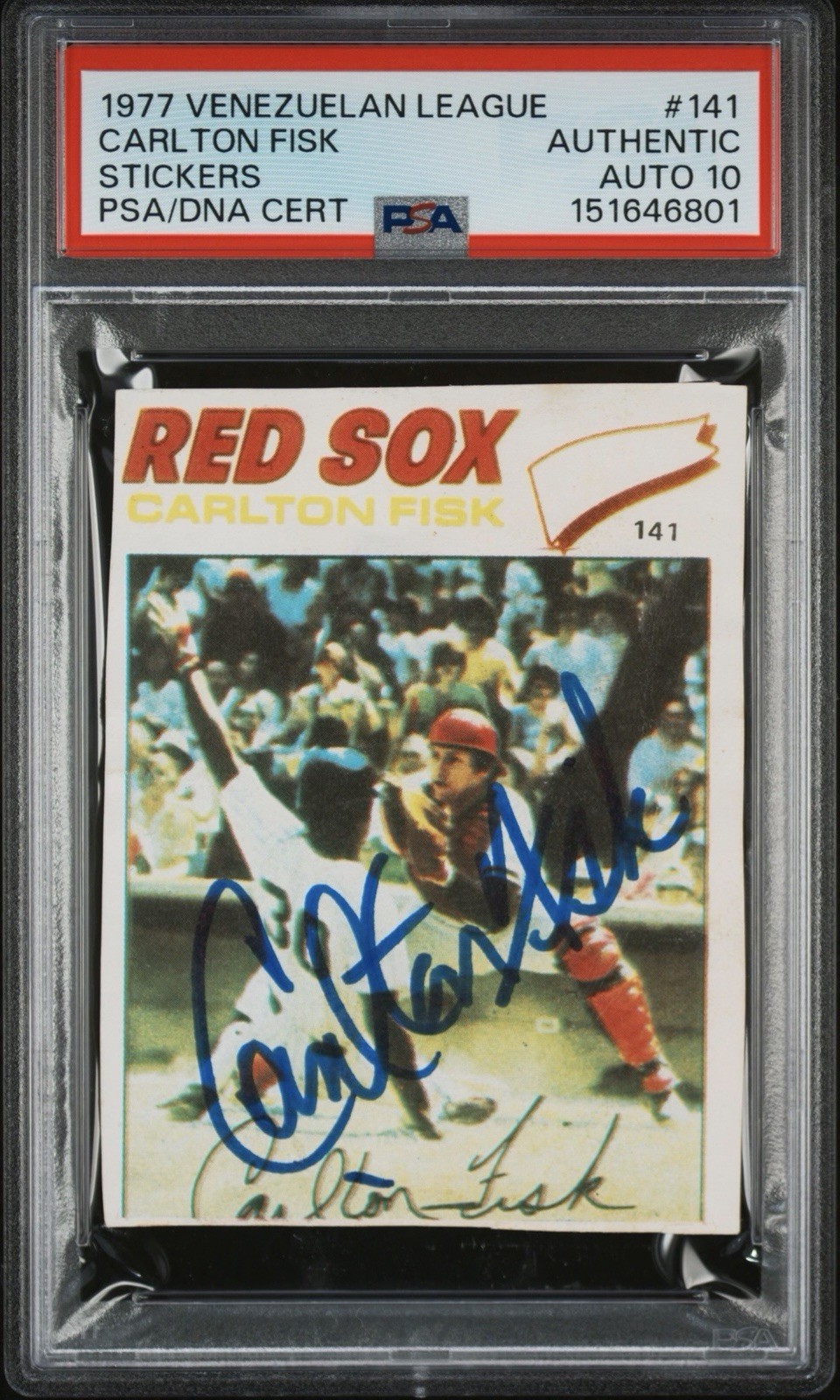 Carlton Fisk Signed 1977 Venezuelan League Red Sox Sticker (PSA & PSA/DNA 10)