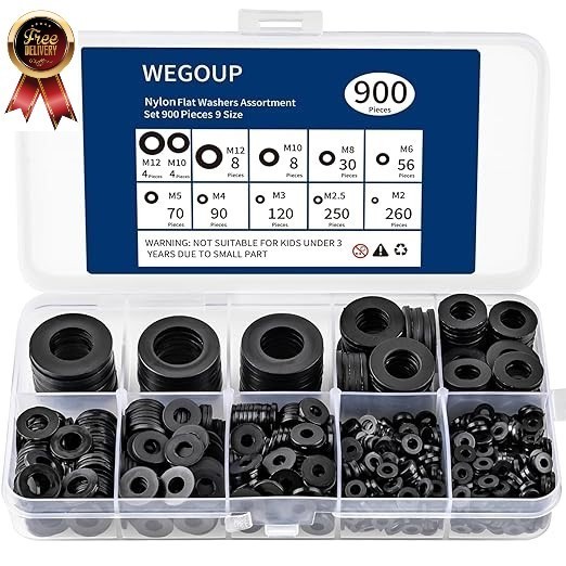900-Piece Nylon Flat Washer Assortment Kit Black Plastic Flat Washers for Bolts 900-Piece Nylon Flat Washer Assortment Kit Black Plastic Flat Washers for Bolts