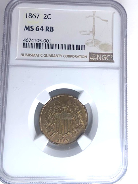 1867 Two Cent Piece NGC MS 64 RB RED BROWN - Fantastic Color Cartwheel Luster 1867 Two Cent Piece NGC MS 64 RB RED BROWN - Fantastic Color Cartwheel Luster