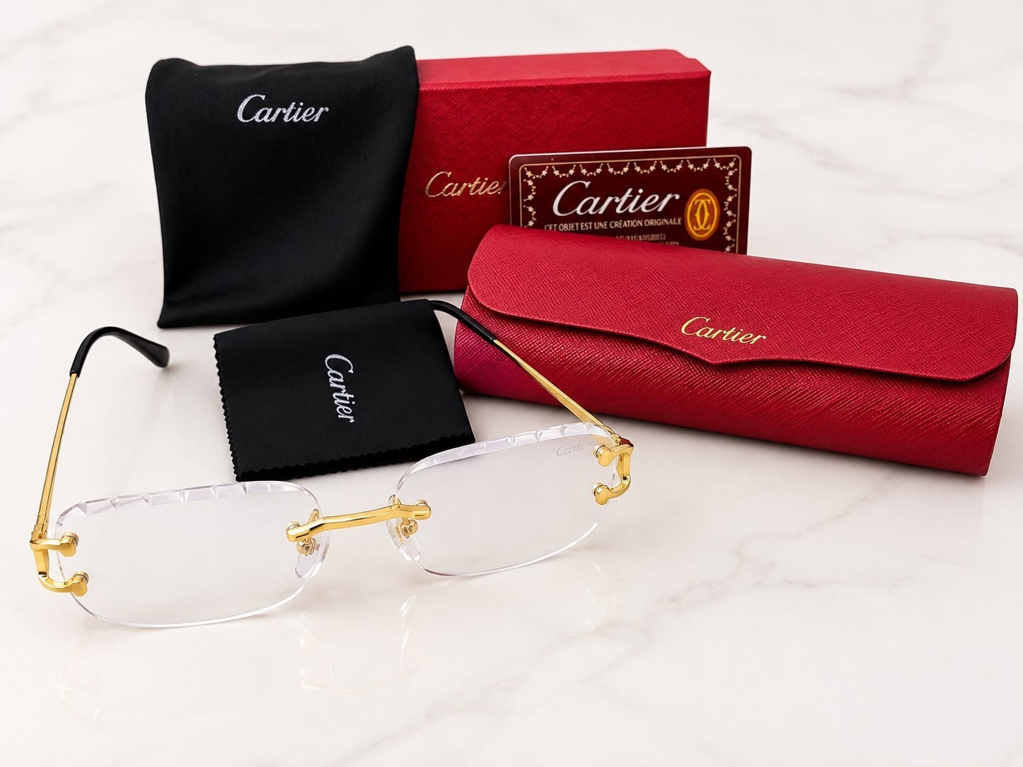Cartier Big C Diamond Cut Clear Frameless Lens Gold Frame Lens  SHIP SAME DAY
