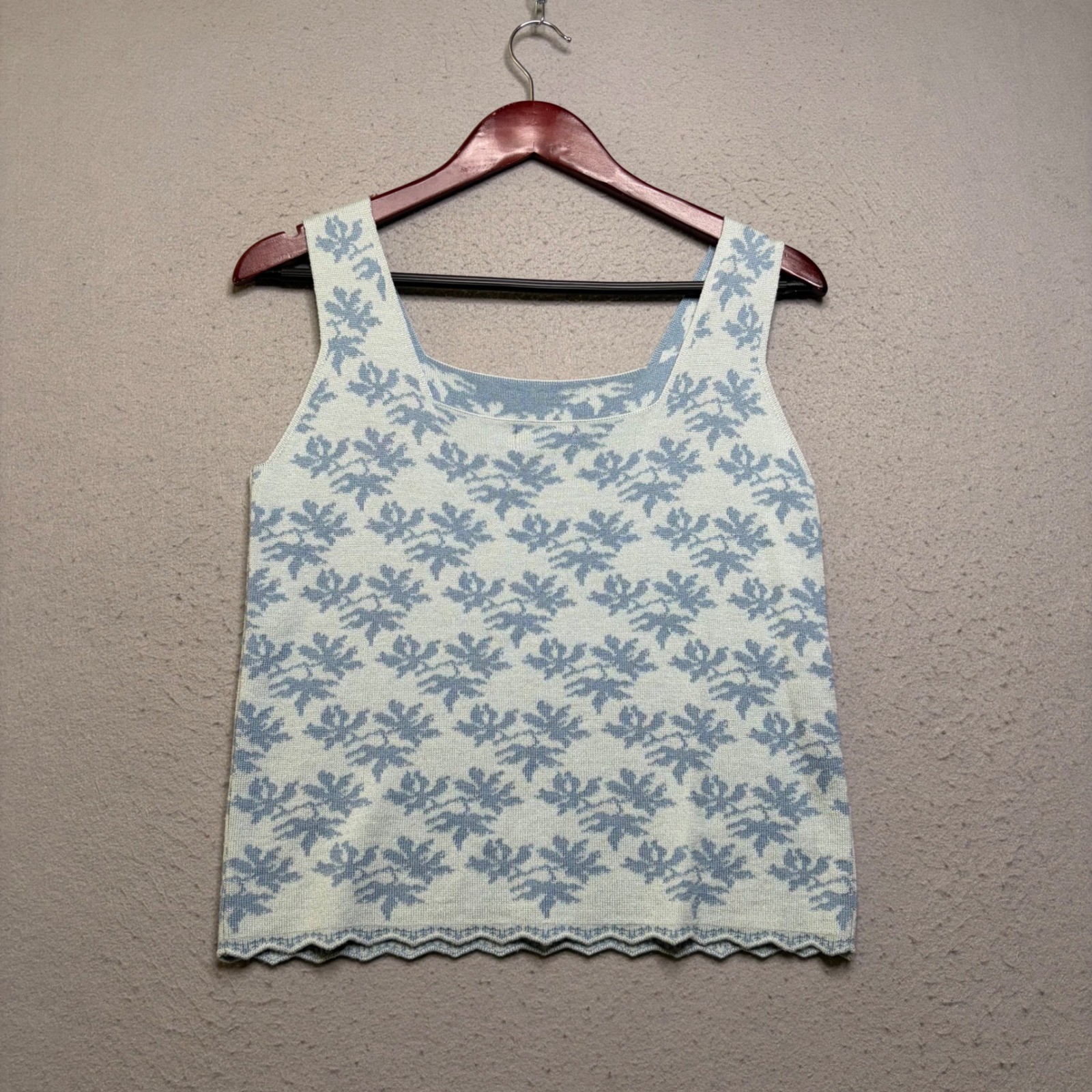 Oleana Knit Tank Top Women Large Blue Floral Silk Wool N. 5267 Espeland Norway