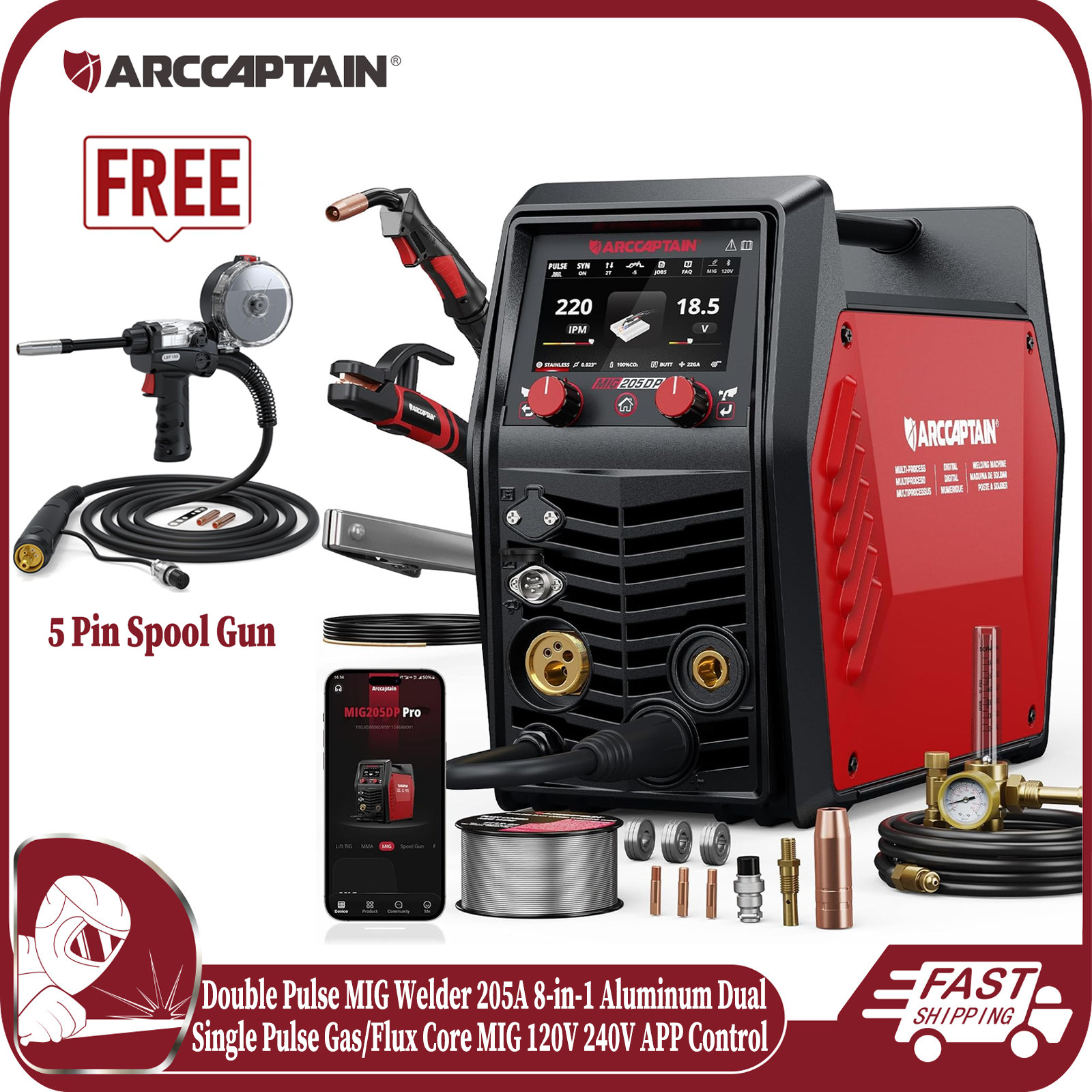ARCCAPTAIN MIG205DP Double Pulse MIG Welder 8in1 Aluminum Welding with Spool Gun