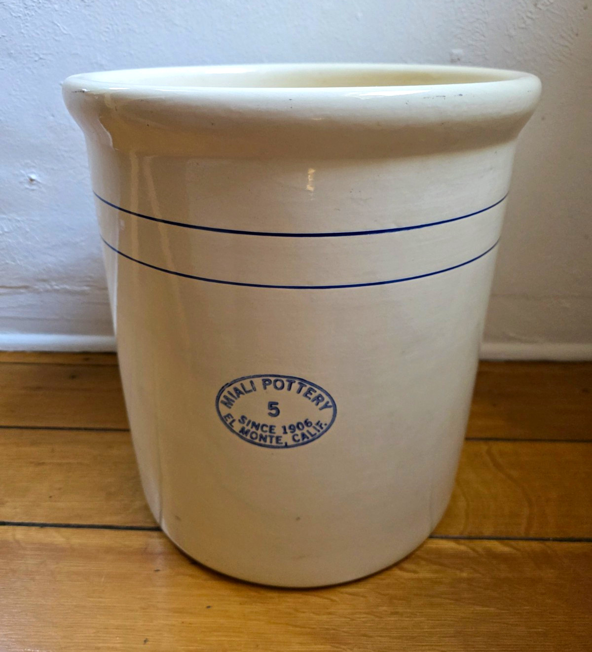 Antique Miali Pottery 5 Gallon Stoneware Crock El Monte Calif Blue Stripe Stamp