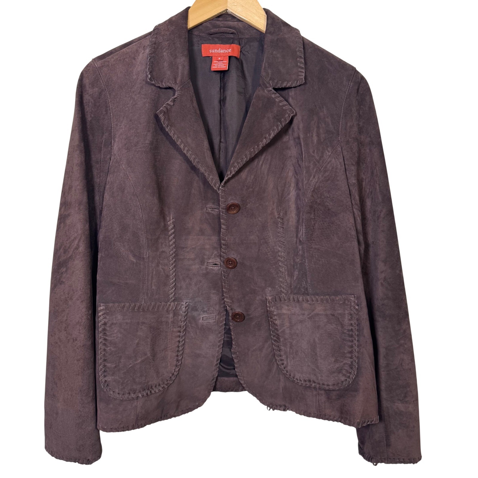Sundance Suede Jacket Size 6 Womens Chocolate Brown Leather Whipstitch Blazer