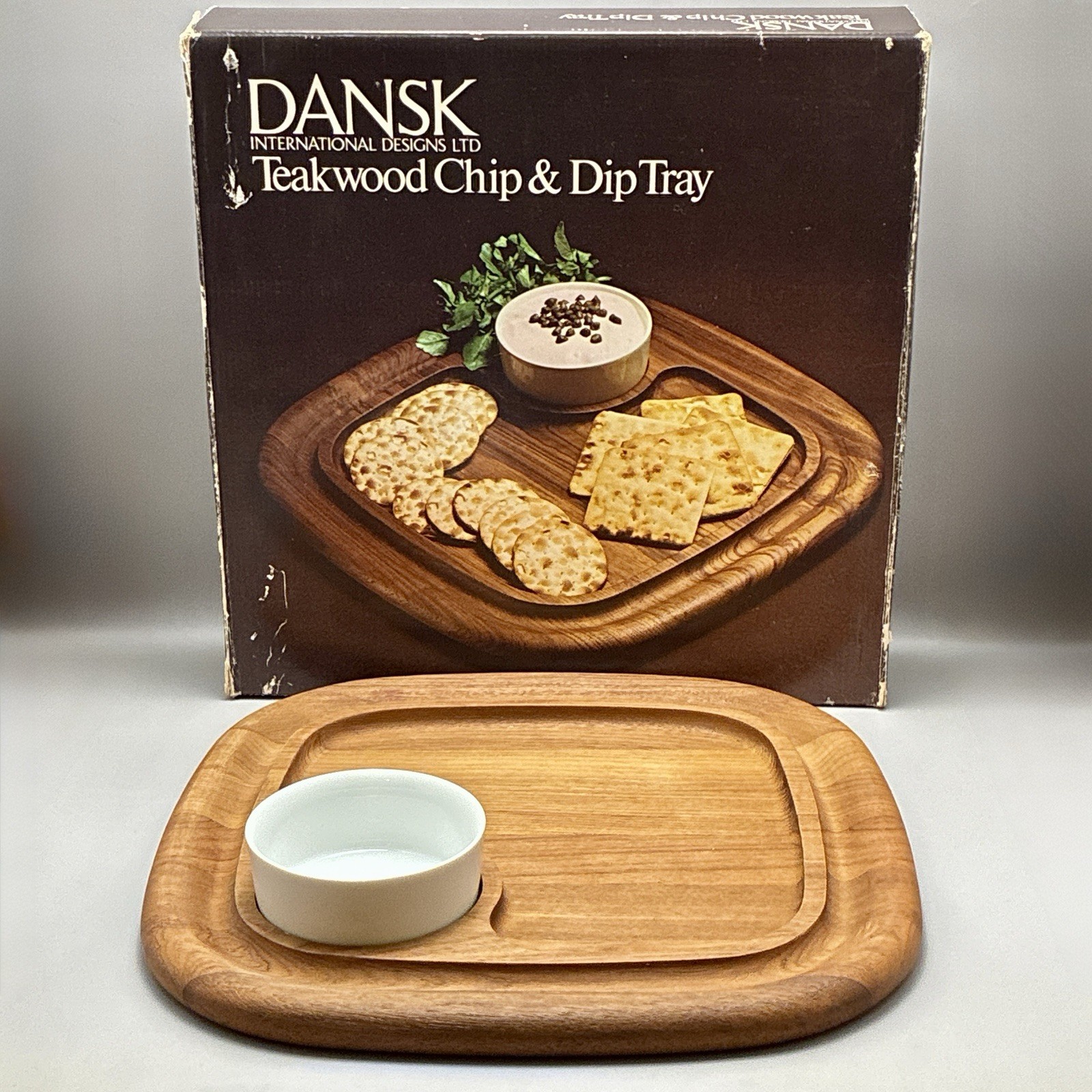 Vintage Dansk Teak Wood Chip & Dip Tray Square Cheese Charcuterie Board & Bowl
