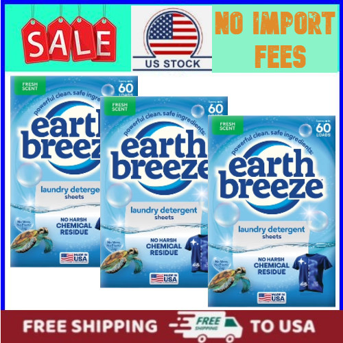 3PACK Earth Breeze Hypoallergenic Laundry Detergent Sheets, Fresh Scent 60 Loads