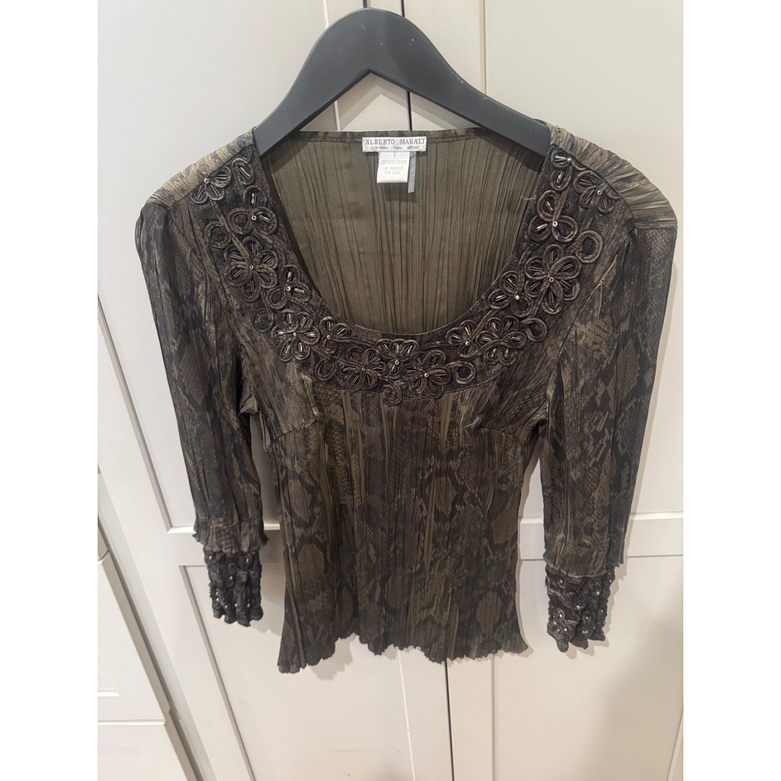 Vintage Alberto Makali Y2K Snakeskin Pleated Blouse Beaded Soutache Trim Small