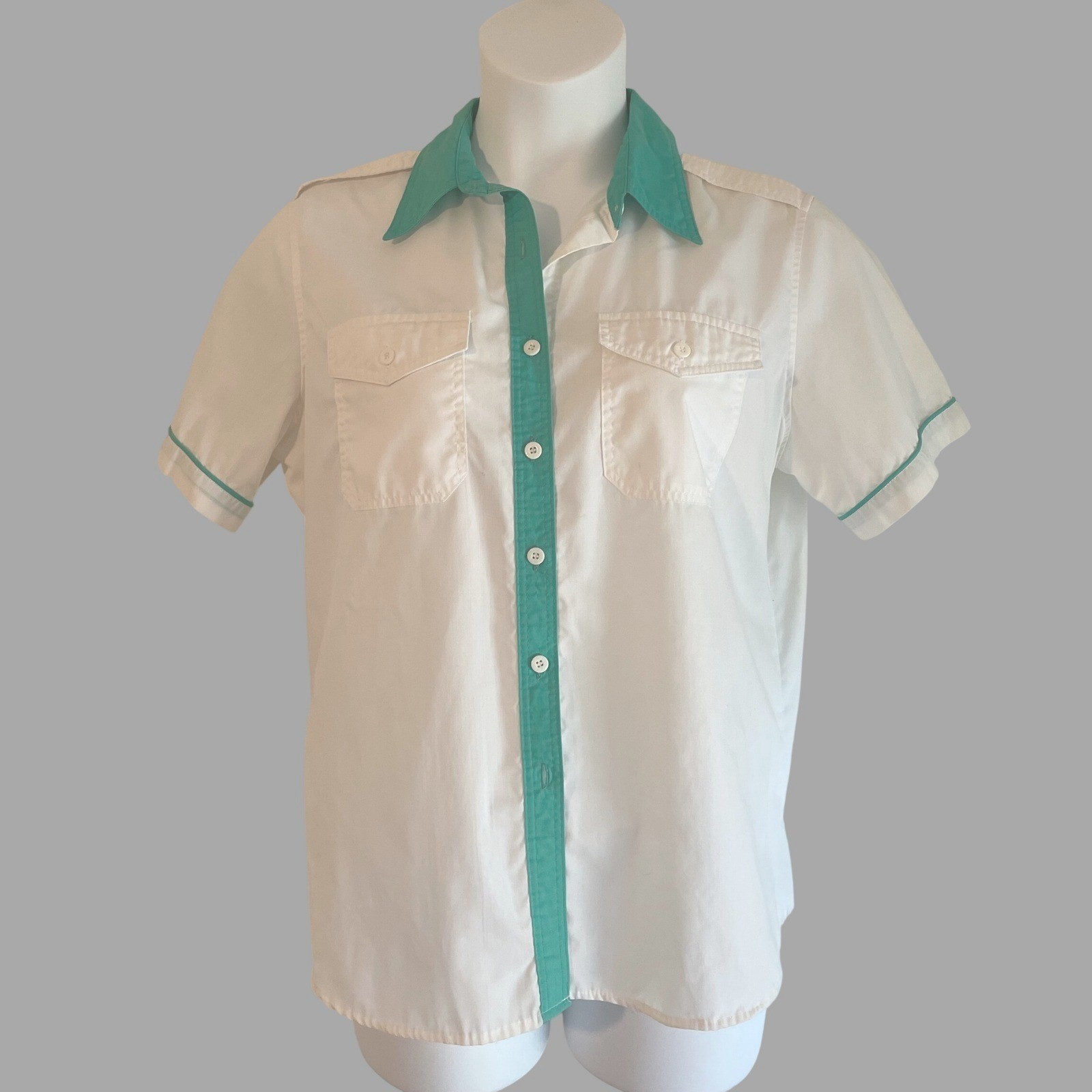 vtg 1984 Olympic Games Staff Shirt Los Angeles White Green Trim