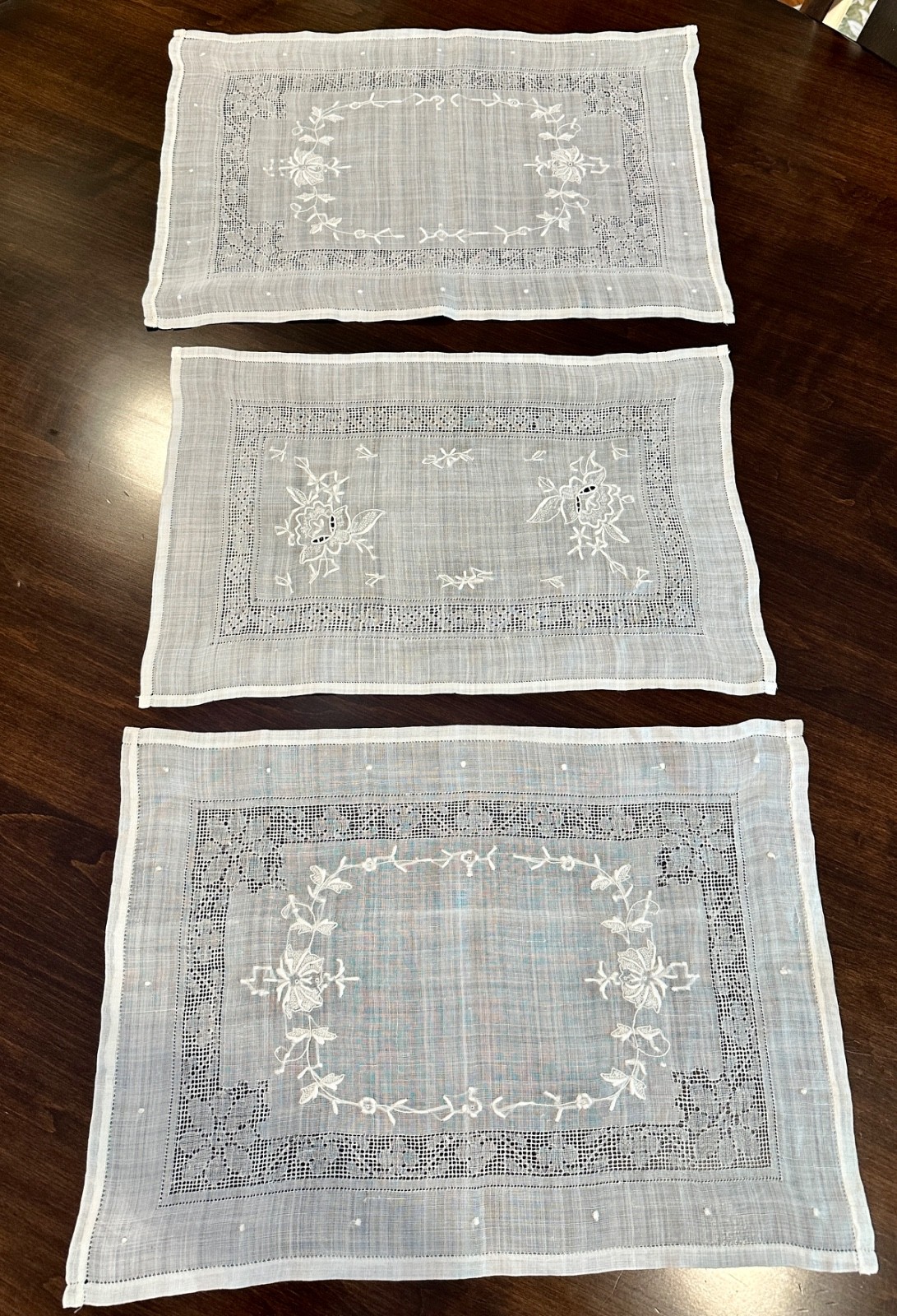 Antique Vintage Linen Placemats Set 3 Whitework Embroidery Lace Openwork 18 x 12
