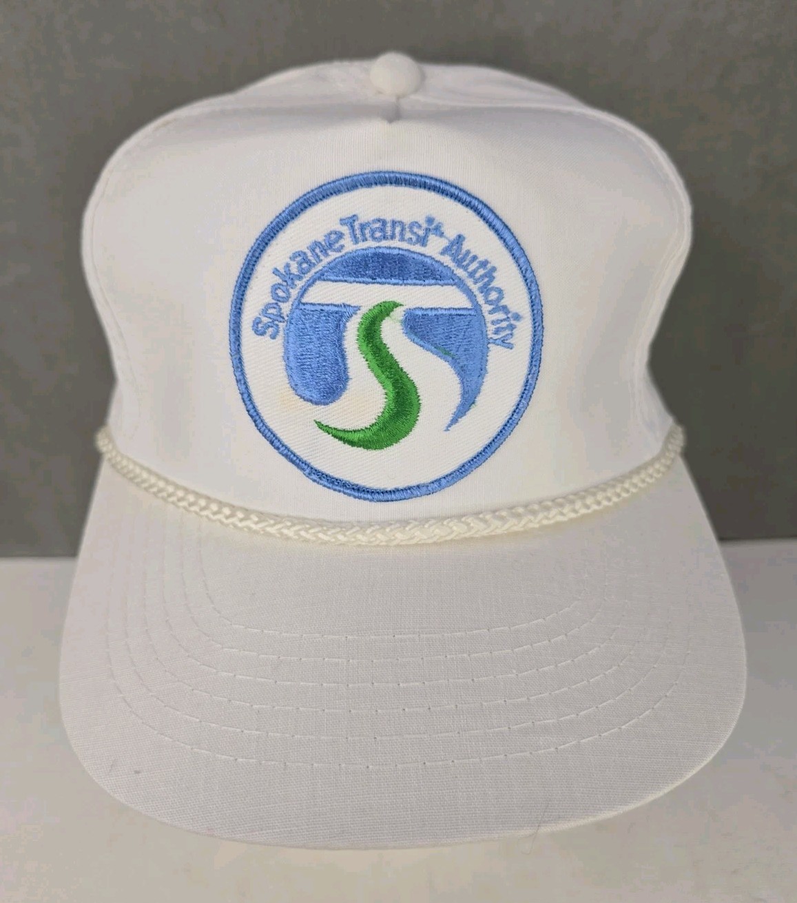 vtg Spokane Transit Authority patch hat white A frame rope snapback cap