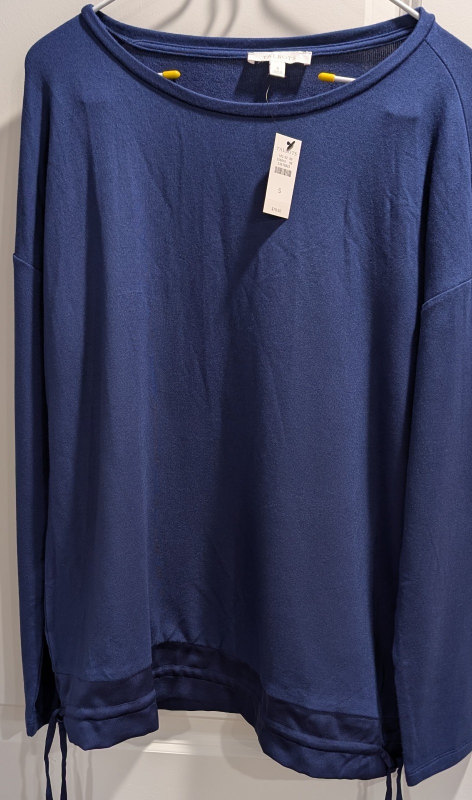 Talbots NWT Women’s Small Blue Boat Neck Drawstring Hem Long Sleeve Top - 1094