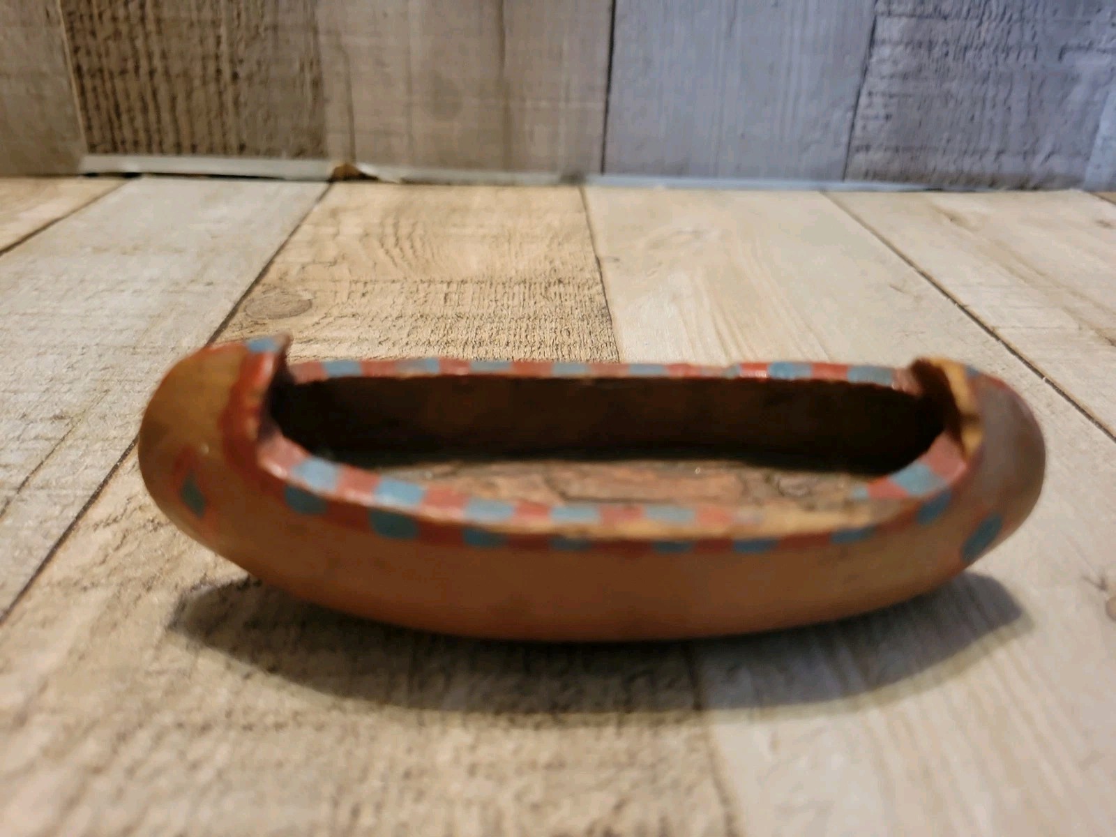 Vintage Hand Carved Wooden Canoe Miniature Folk Art Red Blue Decor 7.5” MCM