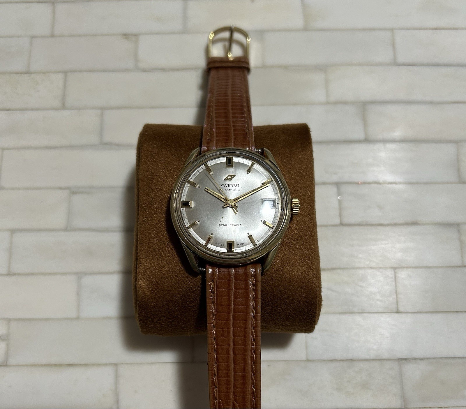 Vintage Enicar Star Jewels Automatic Date Gold Plated Swiss Watch