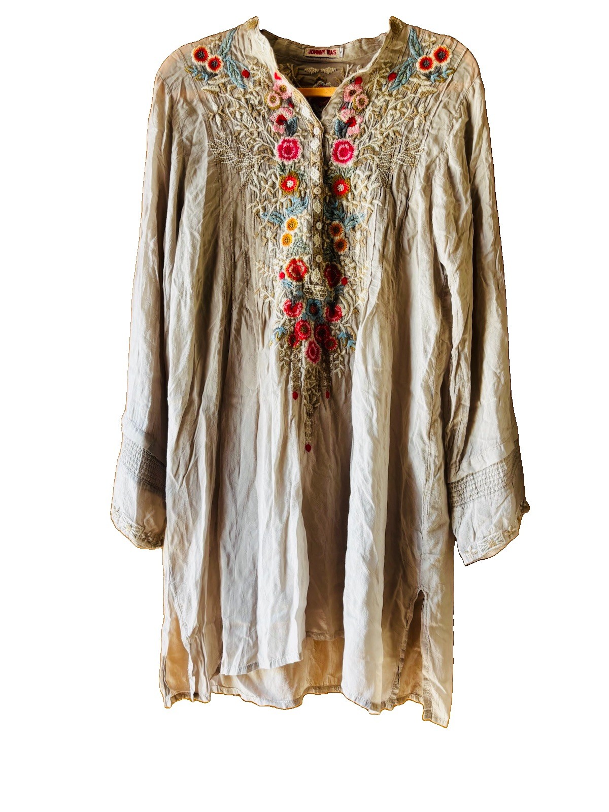 Johnny Was Women’s Gray Floral Embroidered Button Front Tunic Kurta Top L Johnny Was Women’s Gray Floral Embroidered Button Front Tunic Kurta Top L