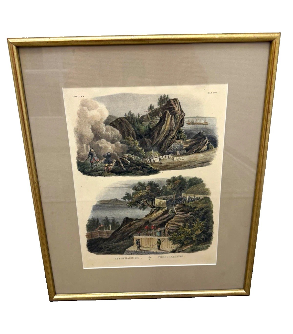 Antique 1838 Siebold Nippon II Handcolored Lithograph Japan Fortification Framed