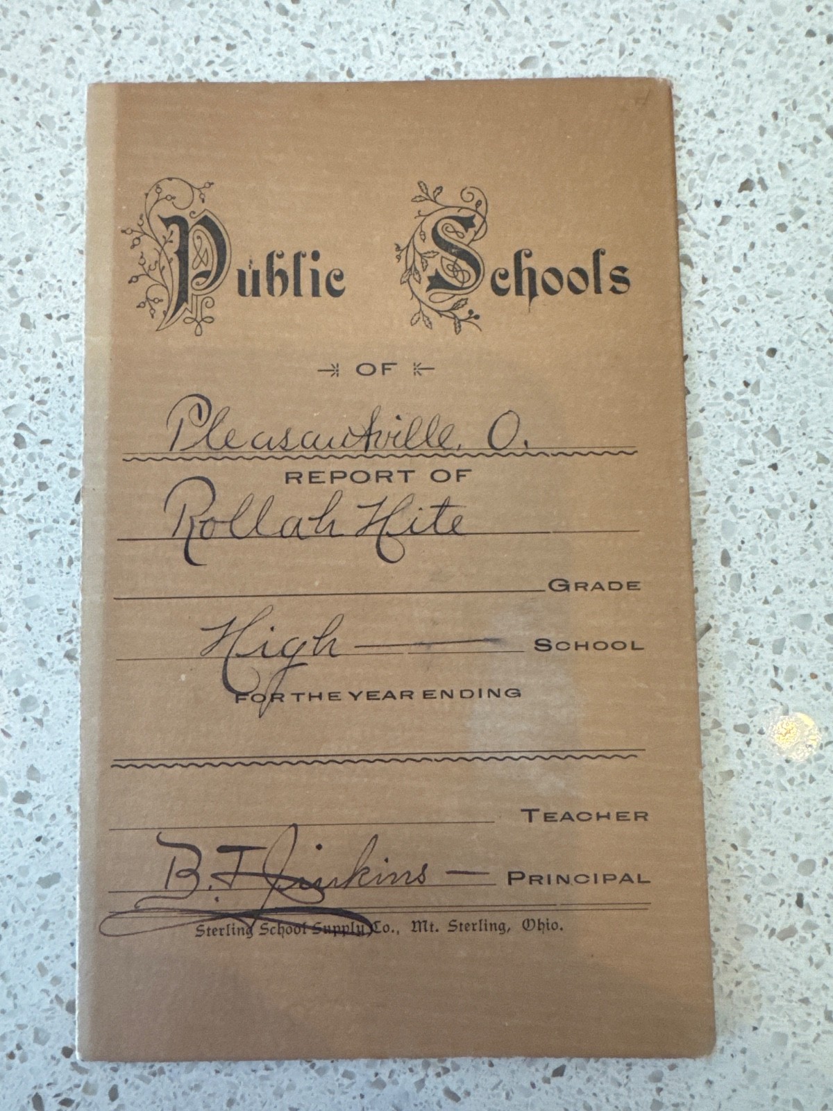 Vintage Pleasantville Ohio c1910 High School Report Card Rollah Hite 41
