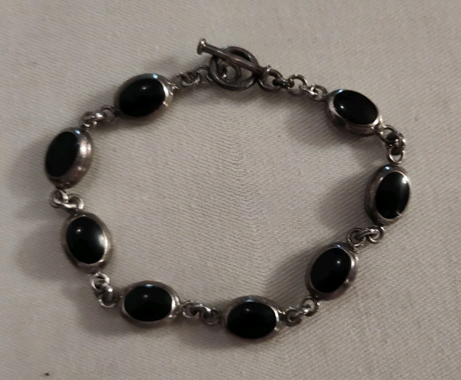 Vintage Taxco Mexico Sterling Silver Bracelet Black Onyx Link 7.25 in Solid 925 Vintage Taxco Mexico Sterling Silver Bracelet Black Onyx Link 7.25 in Solid 925