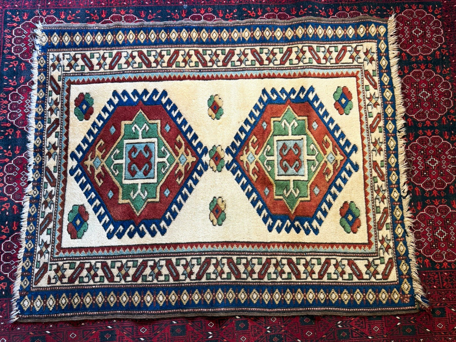 Vintage Anatolian Accent Rug 46x57 in Beige Blue Red Caucasian Kazak Style