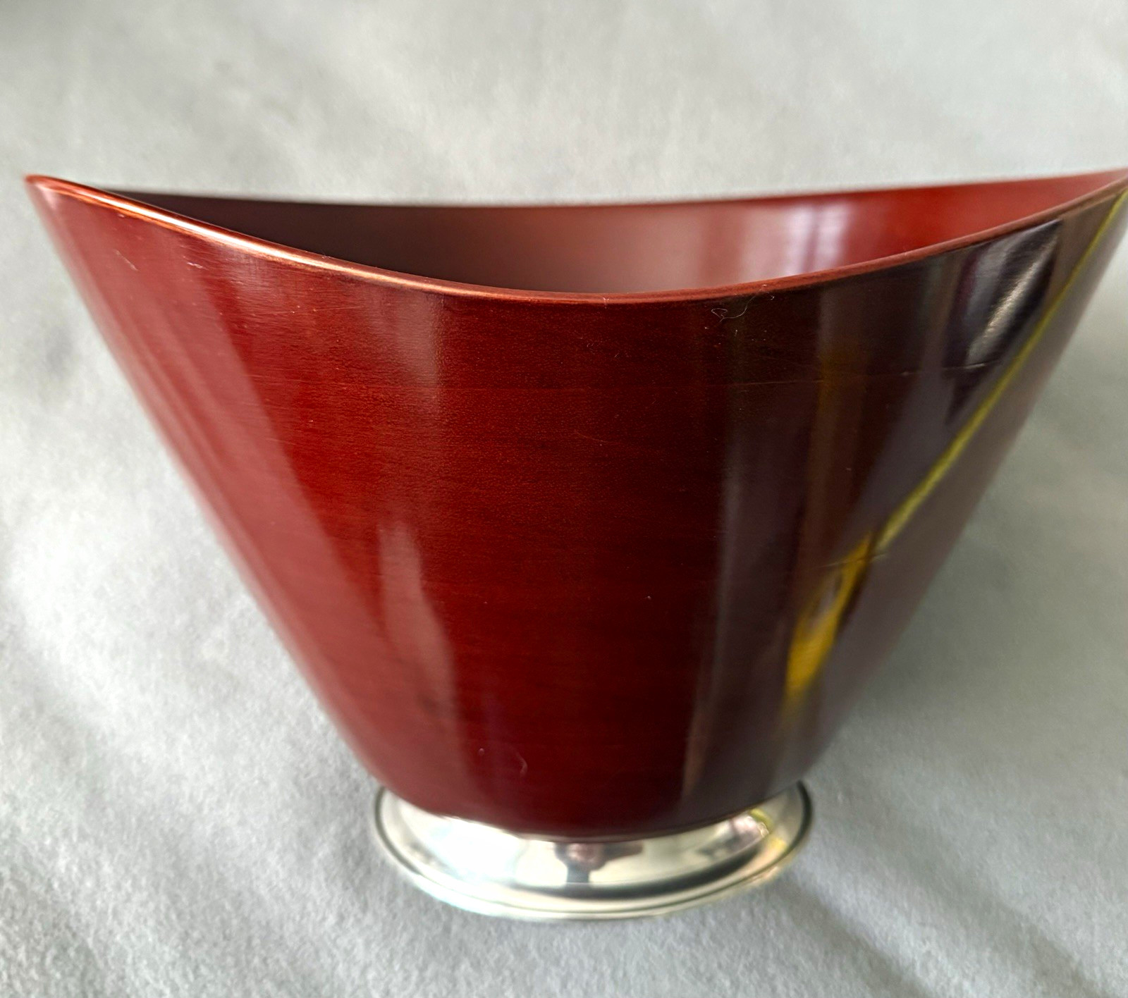 Mahogany Wood Grain Bowl w/ Silver-Tone Metal Base Stand 11in Round MCM Mahogany Wood Grain Bowl w/ Silver-Tone Metal Base Stand 11in Round MCM