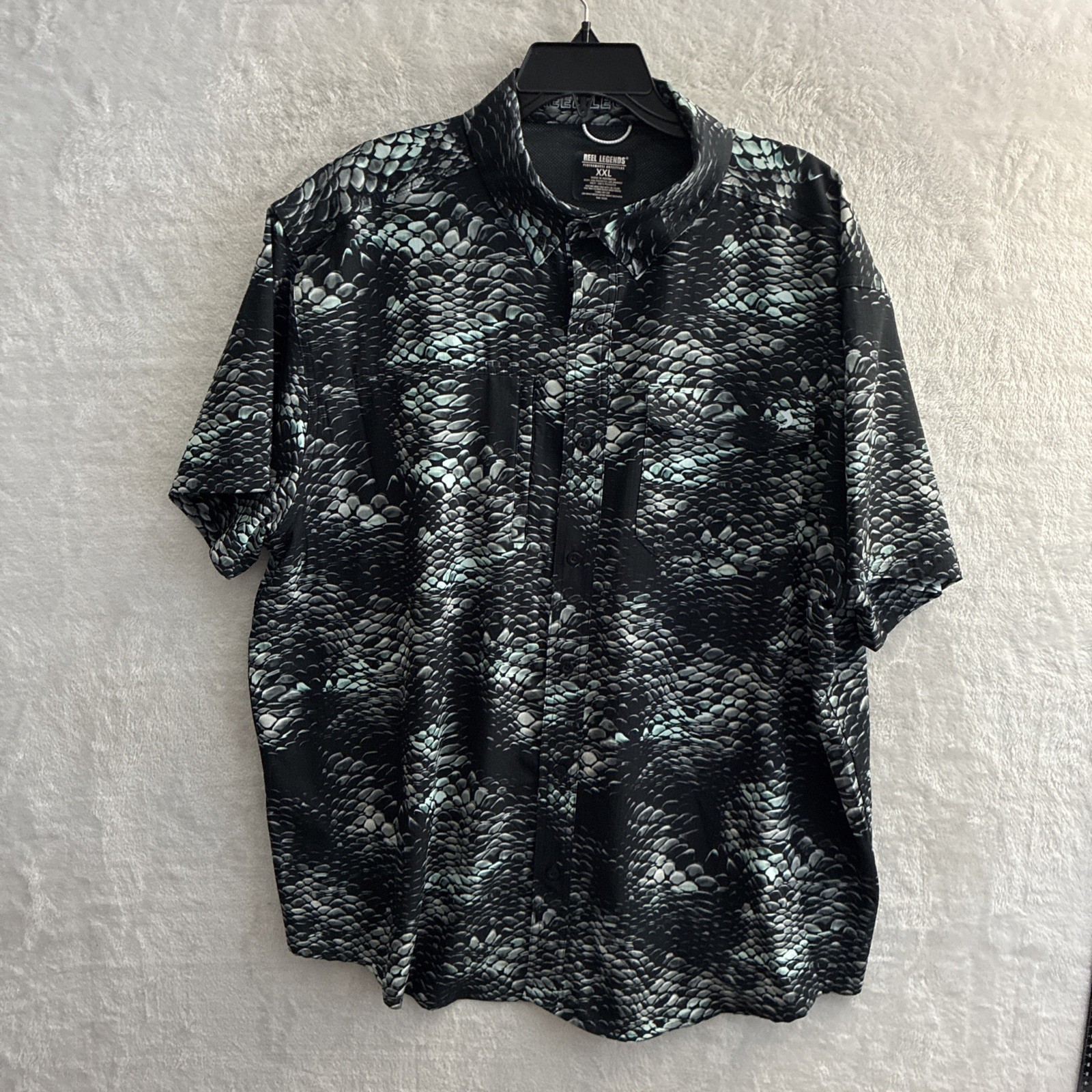 Reel Legends Mens Vented Button Shirt Black Geometric 2XL Polyester Short Sleeve