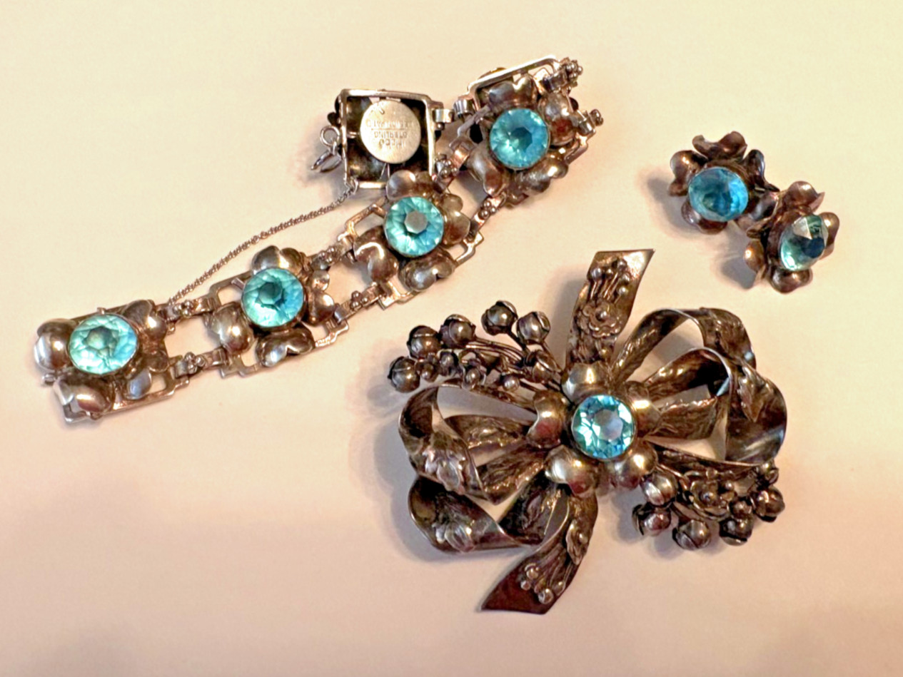 40s Sterling Silver Hobe Vintage Signed Parure of Brooch, Bracelet and Earrings 40s Sterling Silver Hobe Vintage Signed Parure of Brooch, Bracelet and Earrings