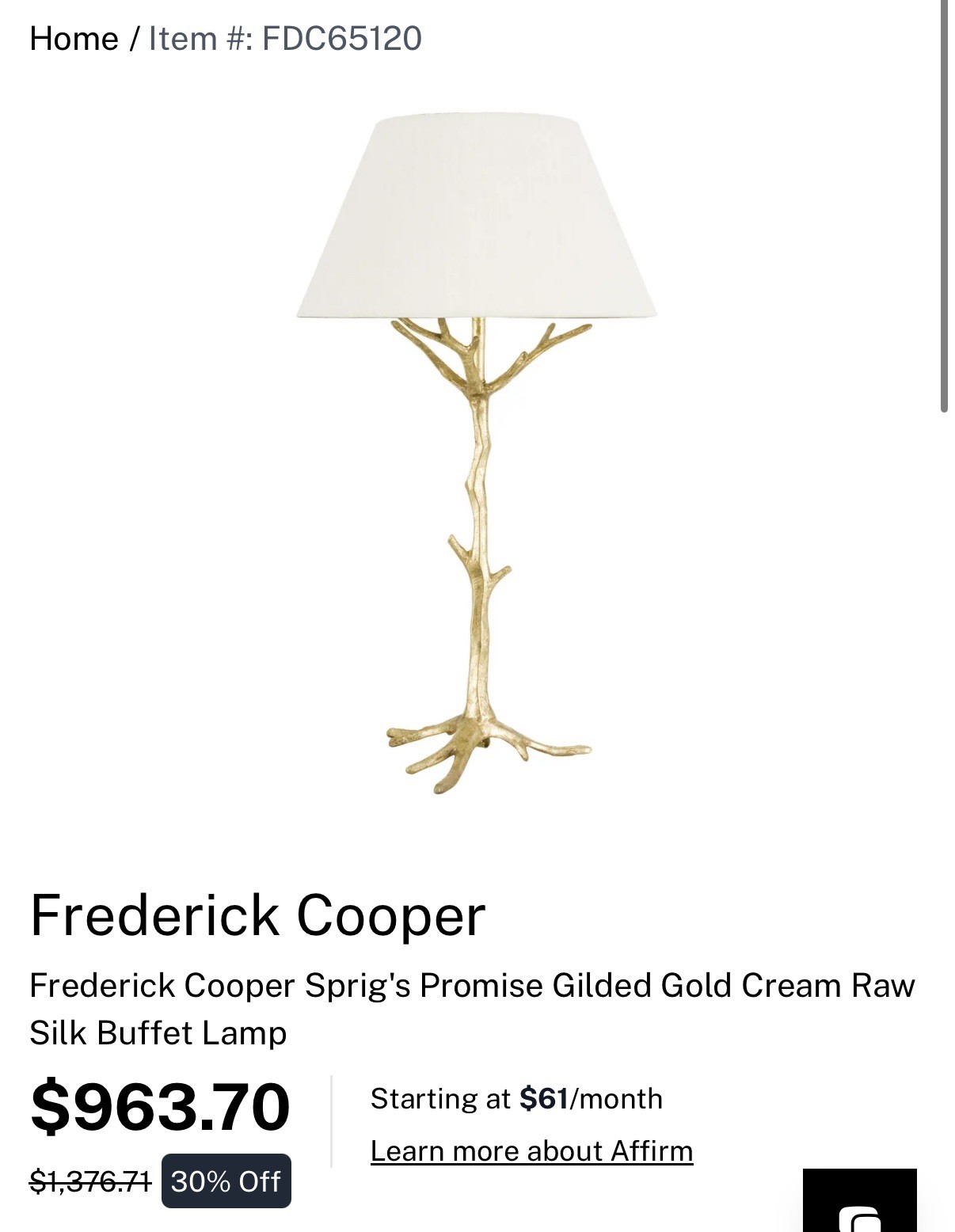 Wildwood/ Frederick Cooper Sprigs Promise Gilded Gold Buffet Lamp 65120 NO SHADE