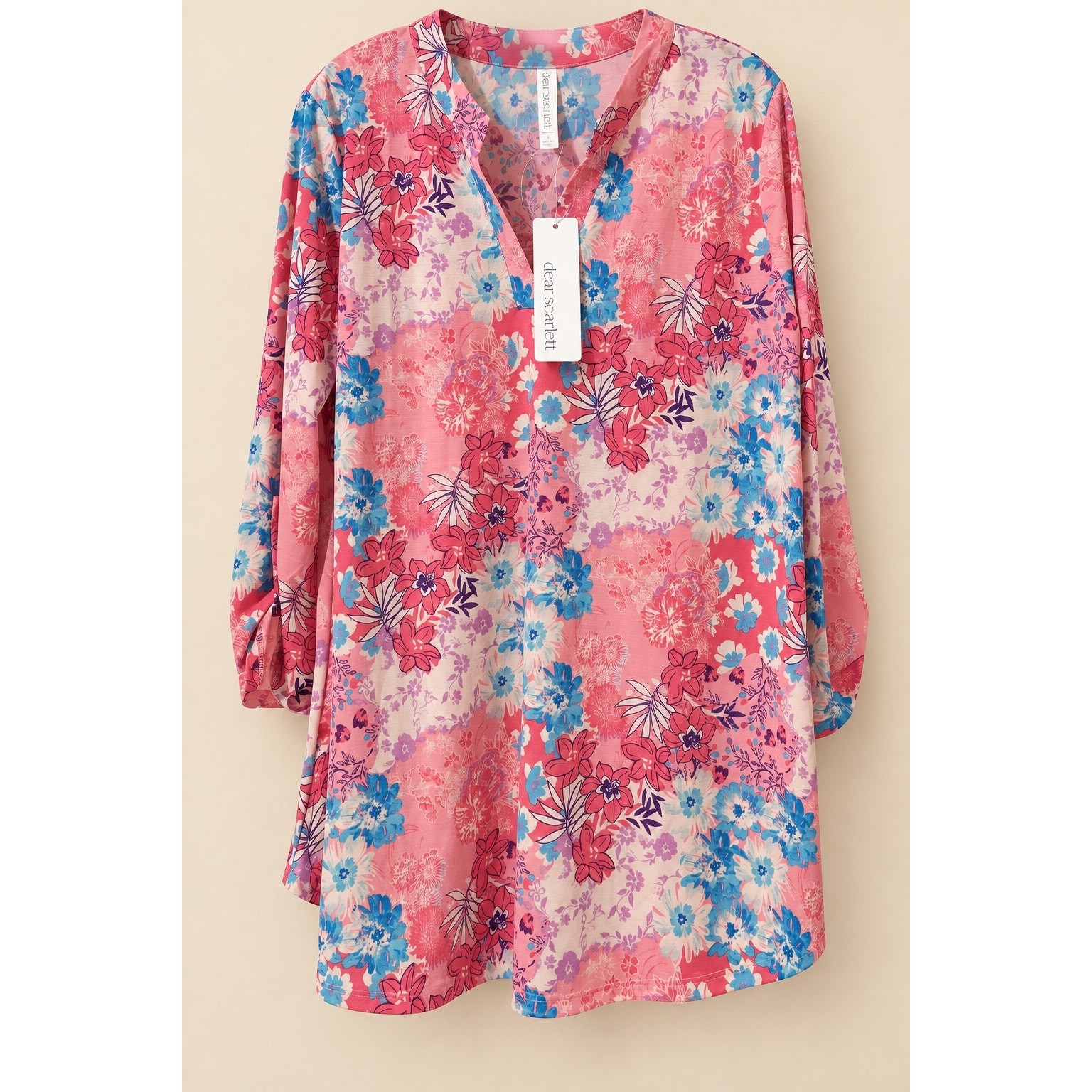 Dear Scarlett Floral Tunic Blouse Womens L Pink V Neck Long Sleeve Boho NWOT