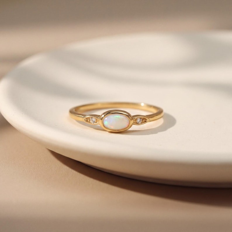 Natural Oval Cut Fire Opal Dainty 14k Gold Plated on 925 Silver Engagement Ring