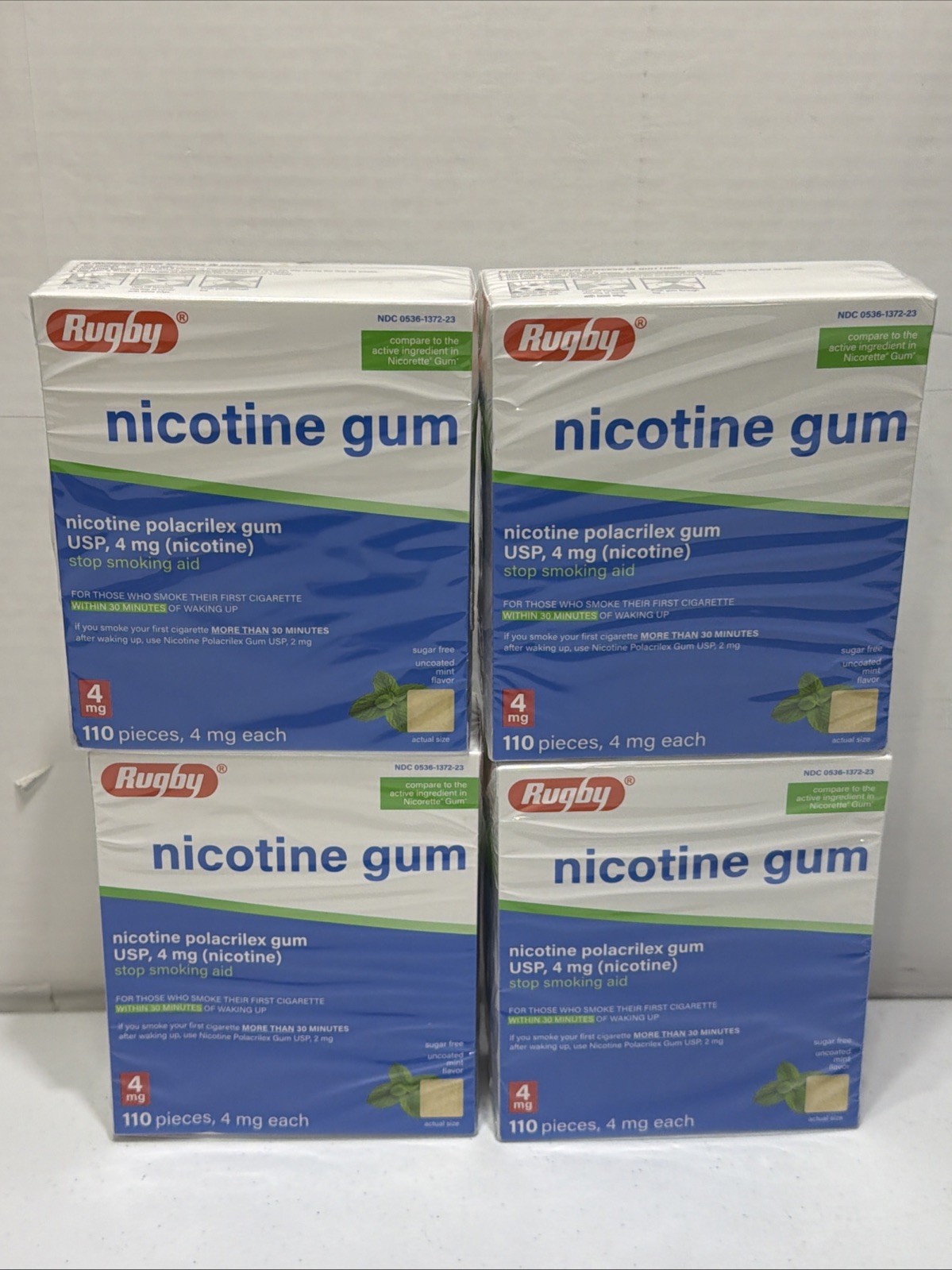 LOT x4 Rugby Nicotine Gum 4mg Sugar-Free Uncoated Mint Flavor 110 Count