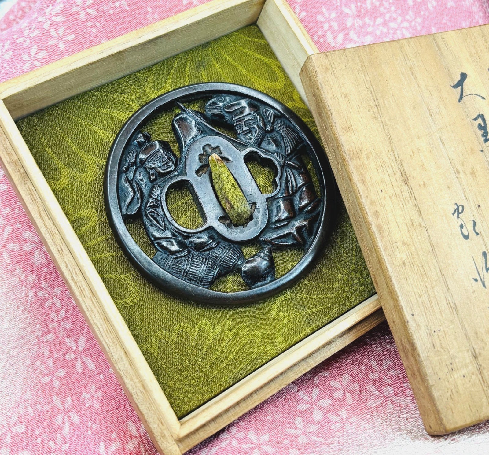 Antique Japanese Tsuba Ebisu Daikokuten Seven Lucky Gods Signed w/ Kiri Box