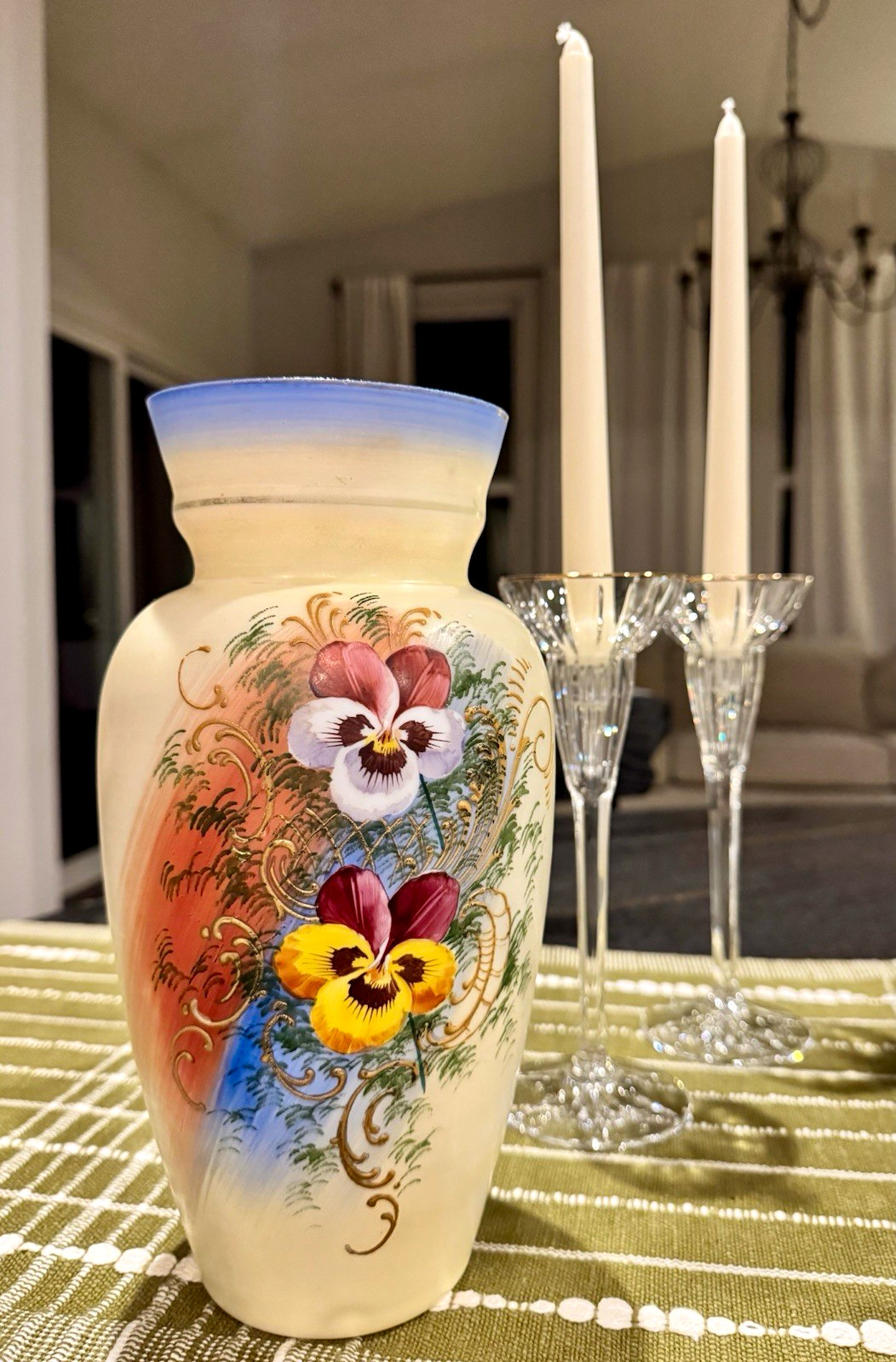 Antique Victorian (1890-1910) Bristol Opaline Glass Vase - Pansies, 12\
