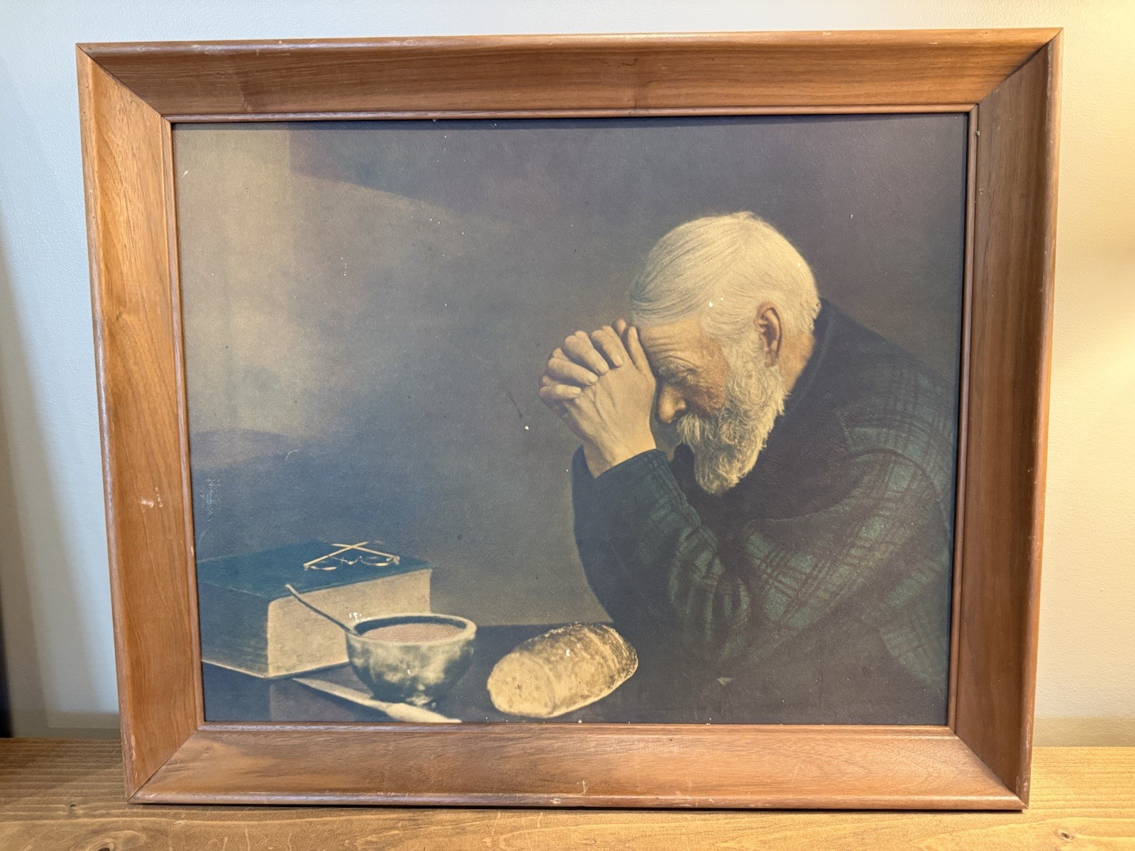 LARGE Vintage 1970’s Grace Print Man Praying -22.25 x 18.25 x 2