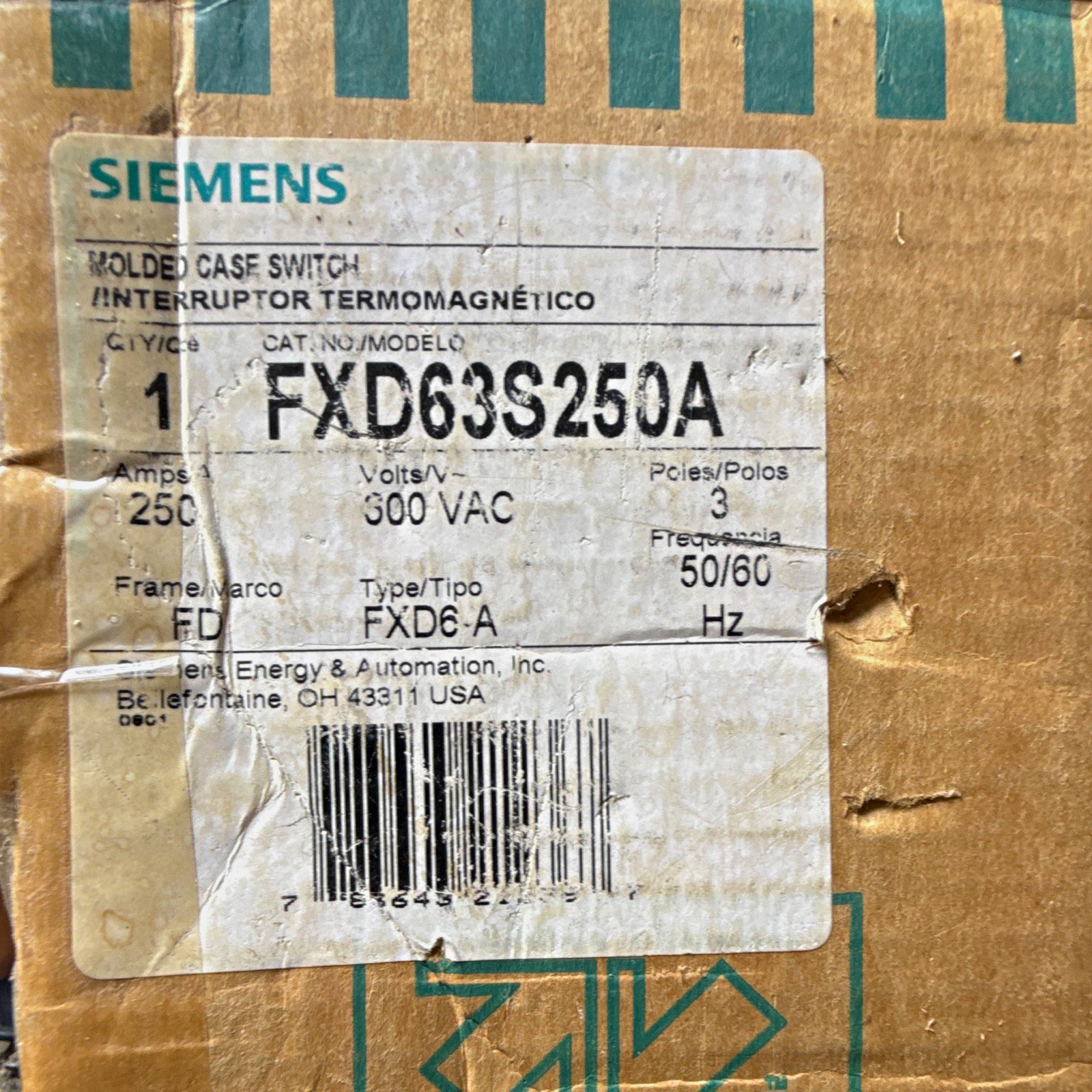 Siemens Sentron FXD63S250A 3-Pole 250A 600VAC Molded Case Circuit Breaker