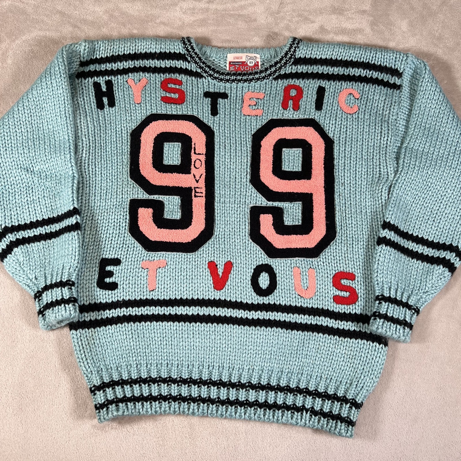 Vintage Hysteric Et Vous Knit Sweater Women\'s Size 1 Blue Patches Love 99 Rare Vintage Hysteric Et Vous Knit Sweater Women\'s Size 1 Blue Patches Love 99 Rare