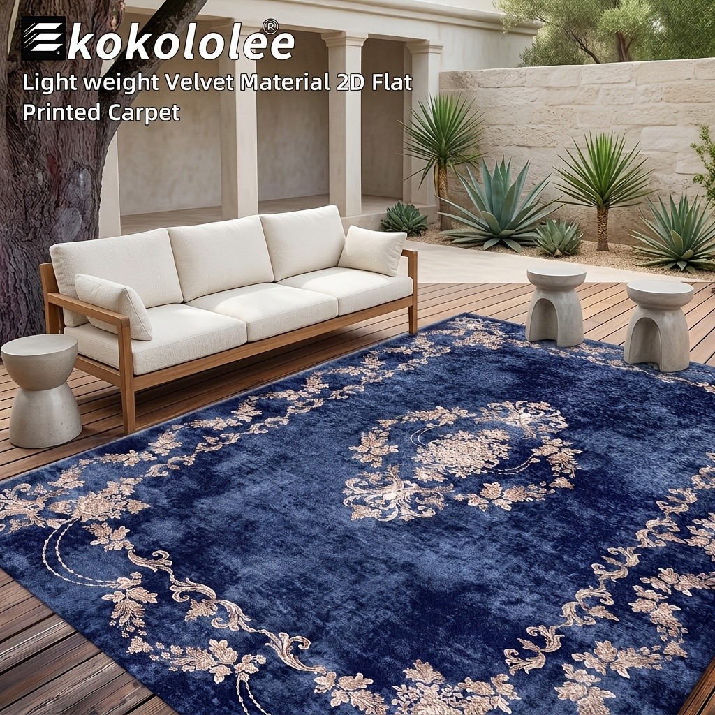 1pc 2D Flat Rectangle Deep Blue Rug, Golden Baroque Scroll Floral Border, Euro