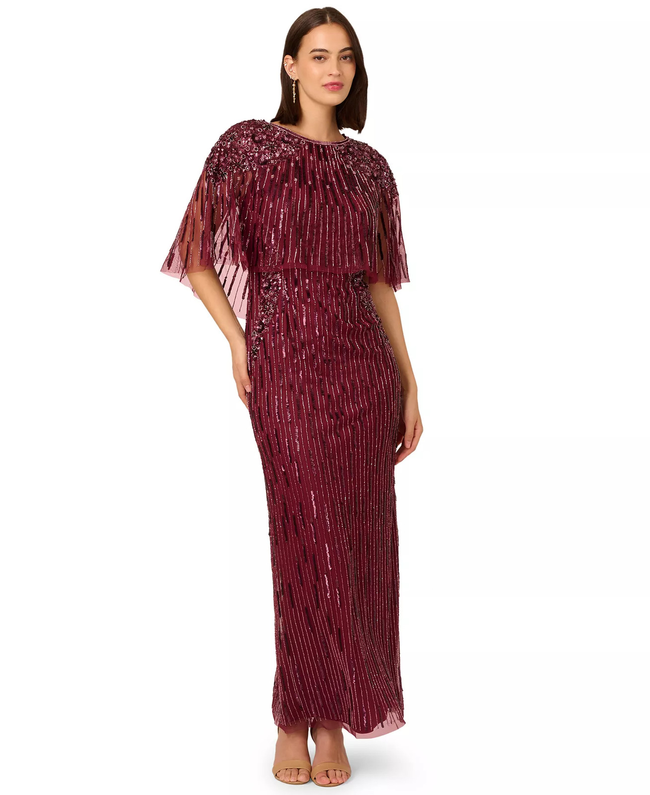 Adrianna Papell Beaded Sequin Gown Size 0 Mahogany Red Cape Sleeve NWT $369