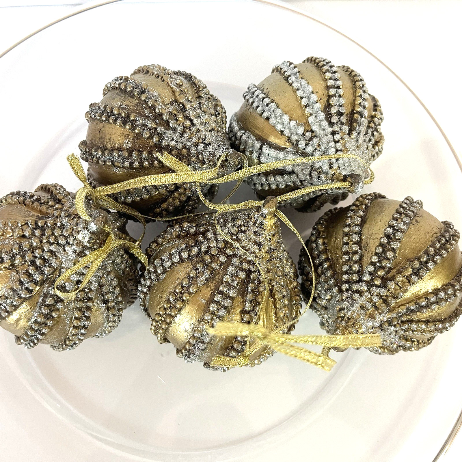 Bronze and Silver Colored Christmas Ornaments Lot of 5 Heavy Weighted