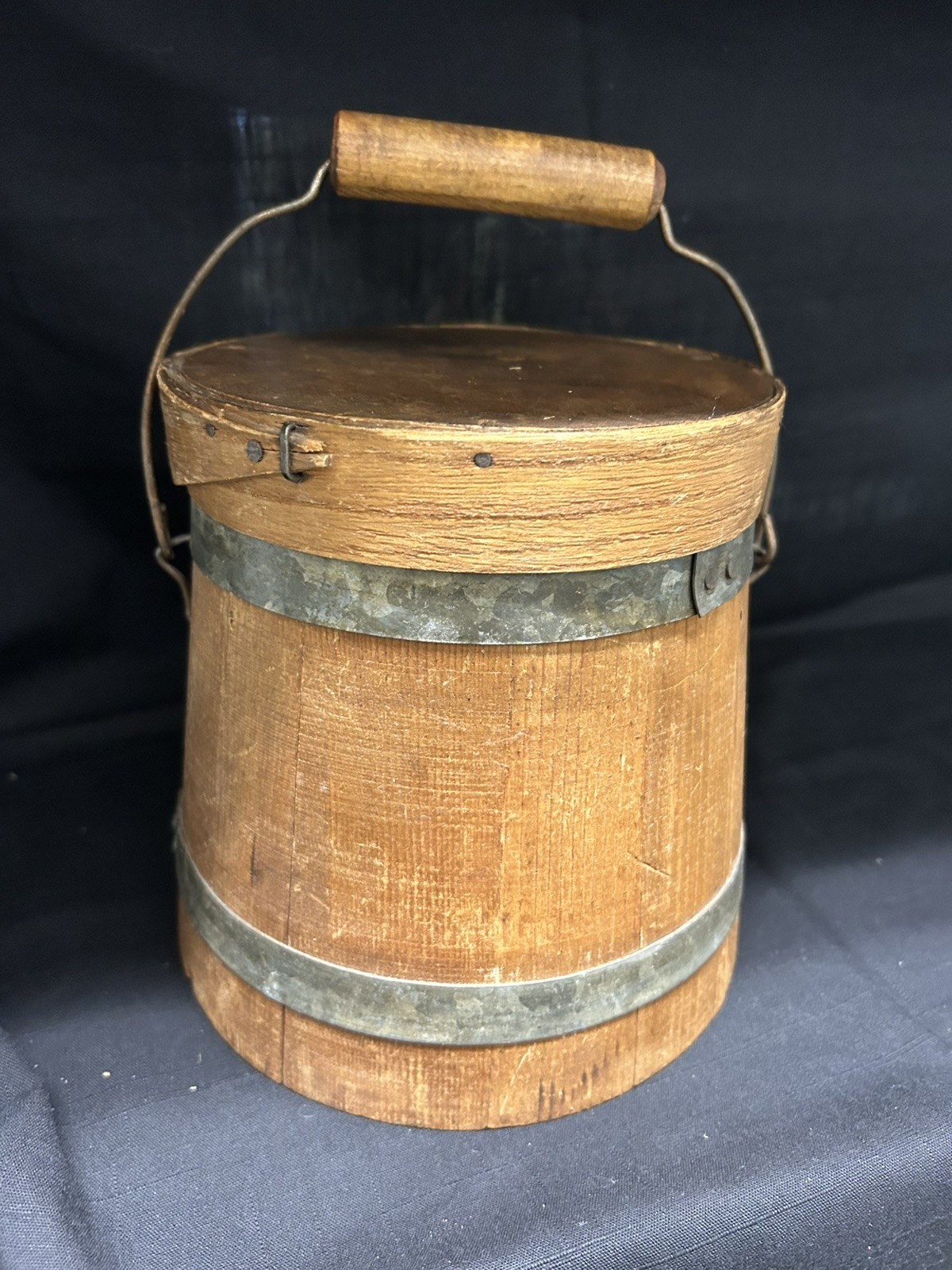 Primitive Firkin Wooden Bucket Pail w/ Lid, Metal Bands & Wire Handle