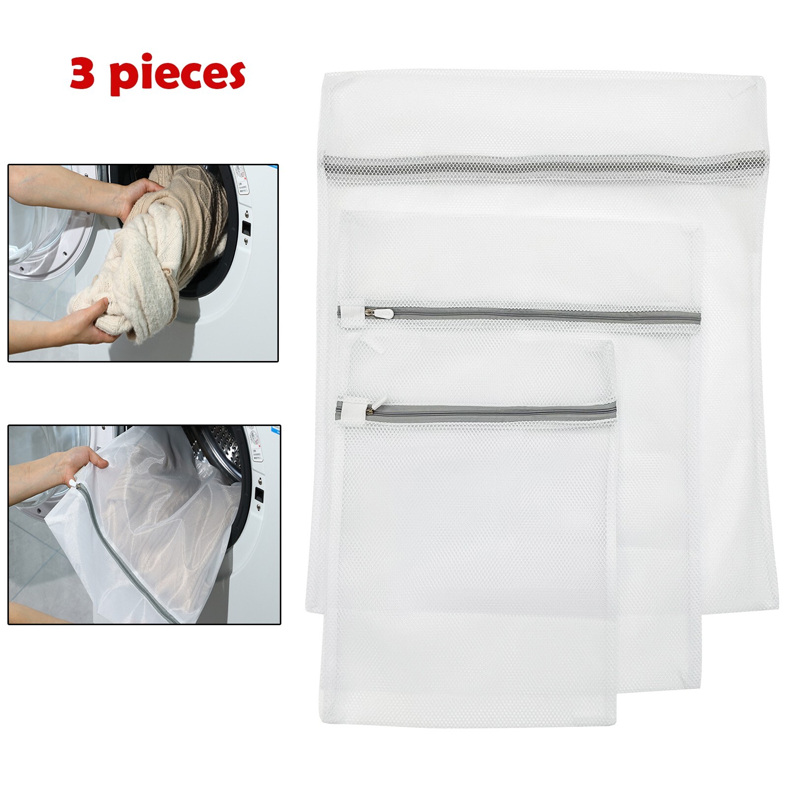 3 Pcs Nylon Coarse Mesh Laundry Bags Zipped Basket for Clothes Socks Net Mesh