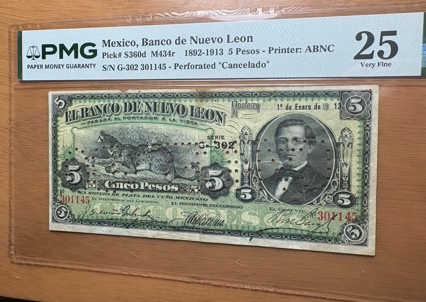 Banco de Nuevo León 5 pesos remainder M434r Enero 1913 Perforated “Cancelado” VF Banco de Nuevo León 5 pesos remainder M434r Enero 1913 Perforated “Cancelado” VF