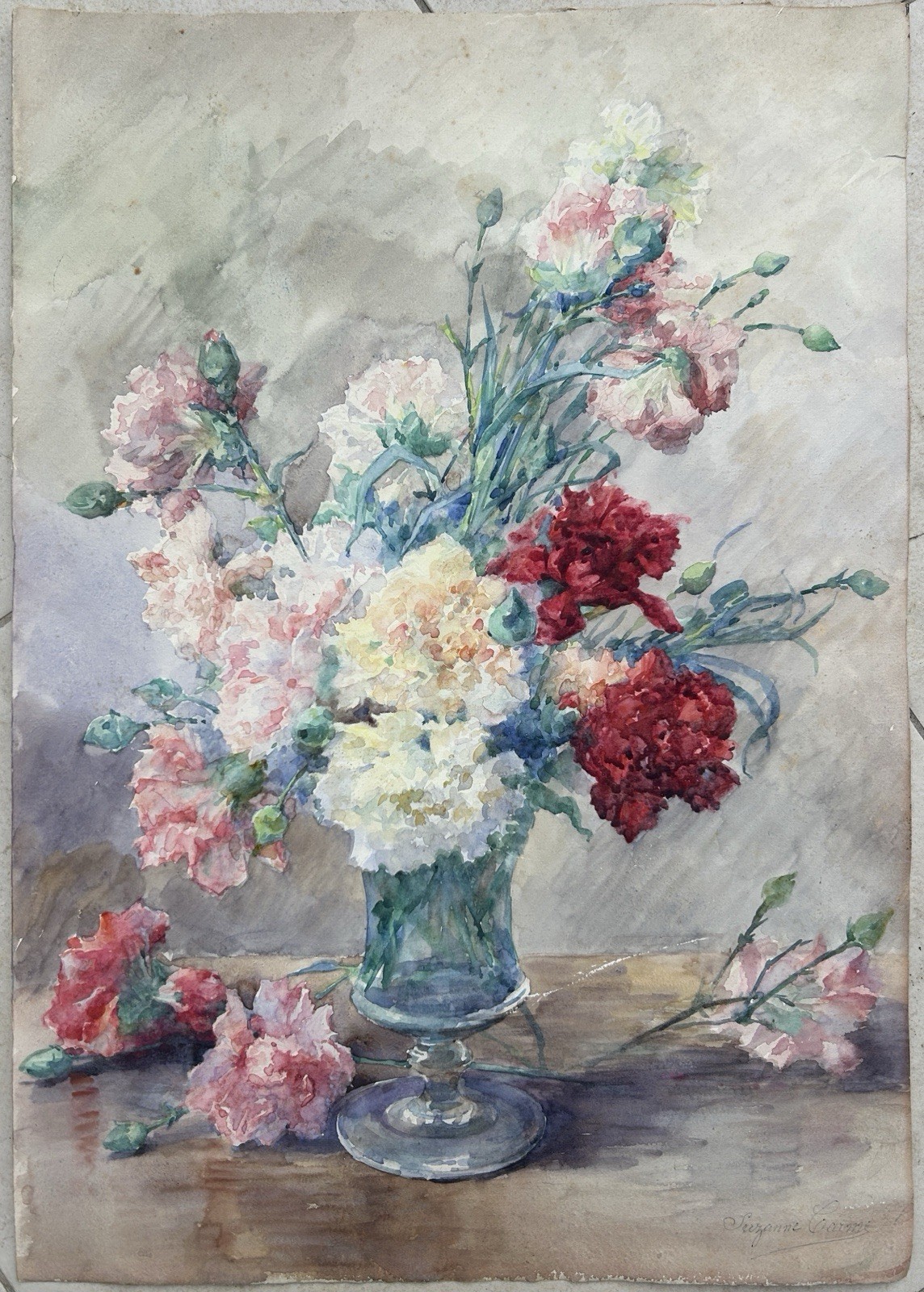 Antique Original Watercolor Floral Bouquet On Paper, Signed Antique Original Watercolor Floral Bouquet On Paper, Signed