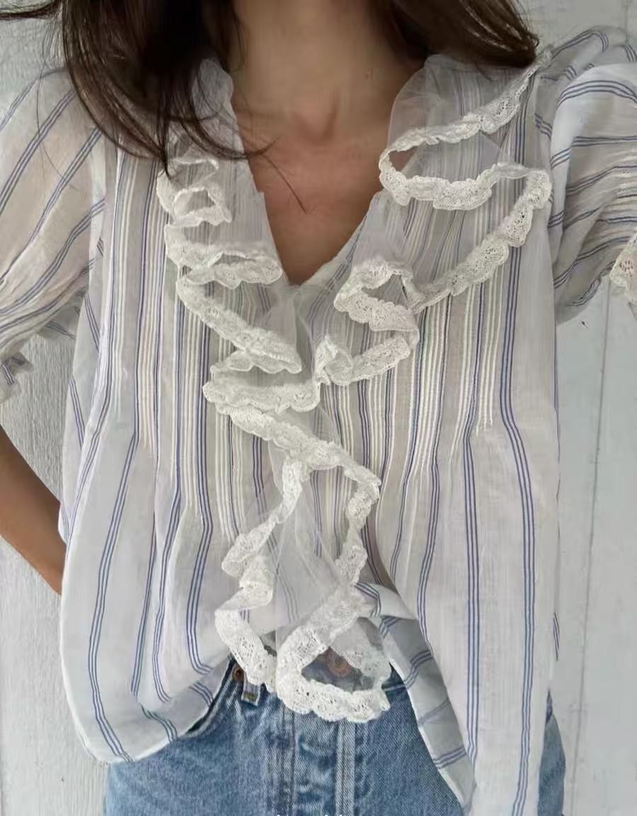 Doen Cotton Breathable Lace Lace Bubble Sleeve Ruffle Solid Stripe Top new Doen Cotton Breathable Lace Lace Bubble Sleeve Ruffle Solid Stripe Top new