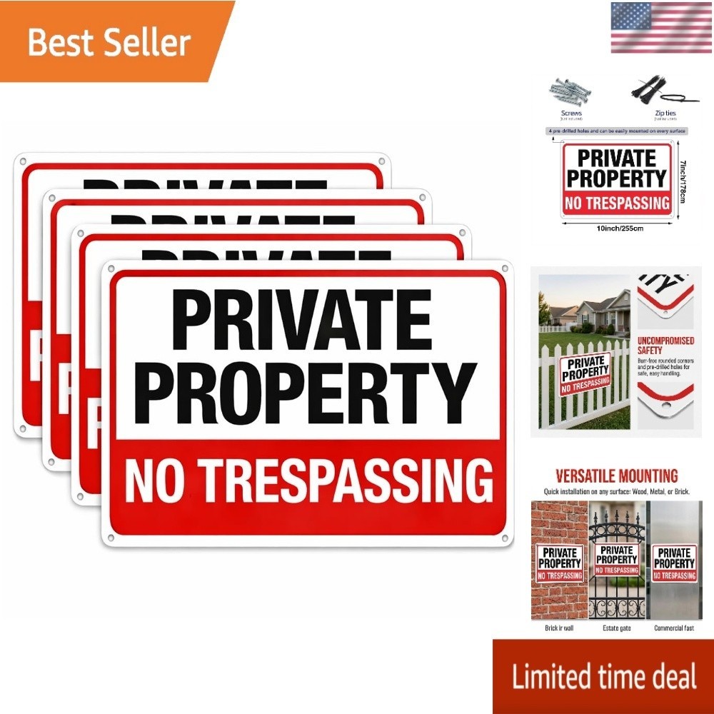 4Pack No Trespassing Signs Private Property Metal Sign 10 x 7 In Aluminum