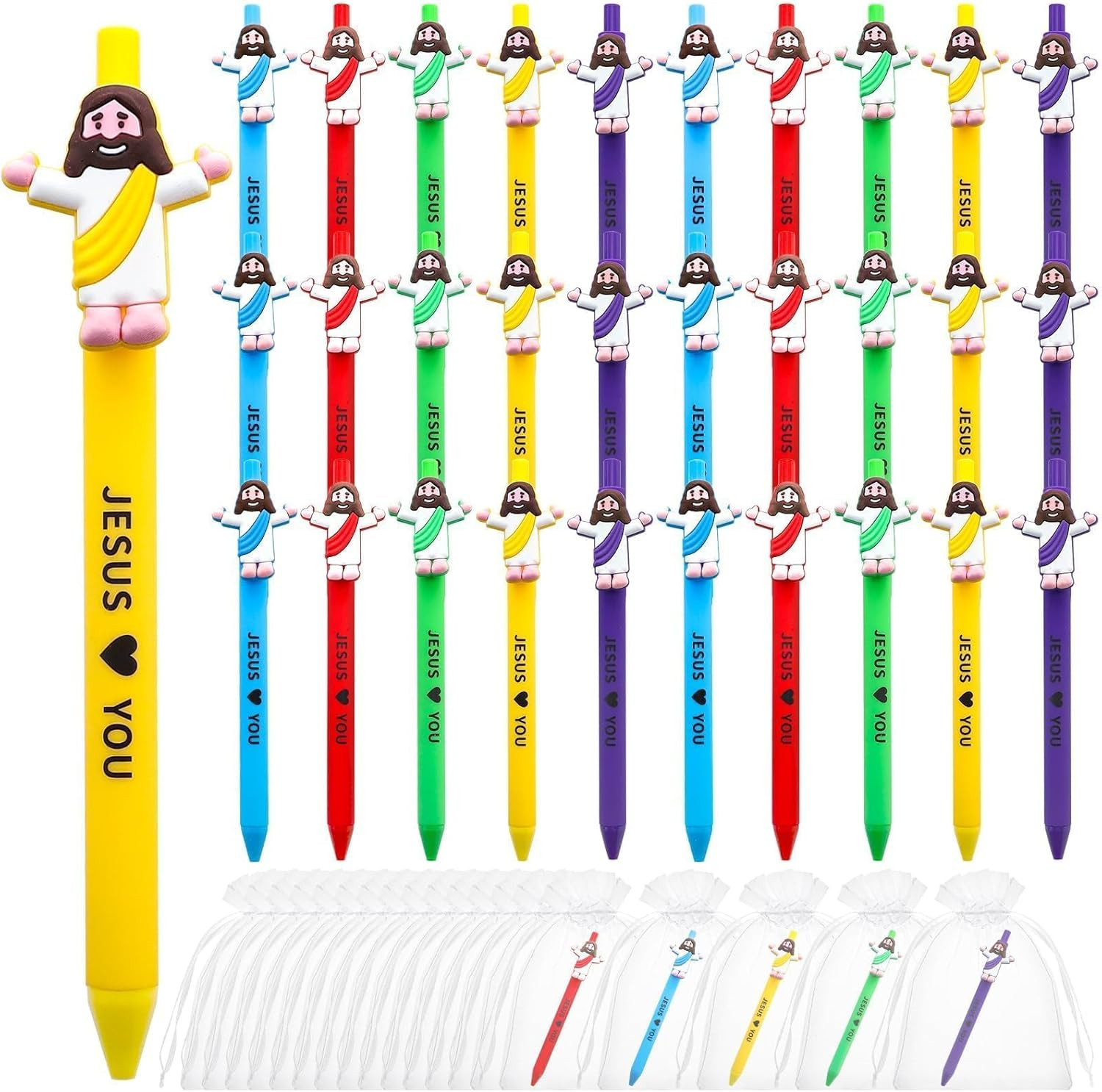 30 Pcs Little Jesus Pens with Organza Bags Christian Bulk Jesus Loves You