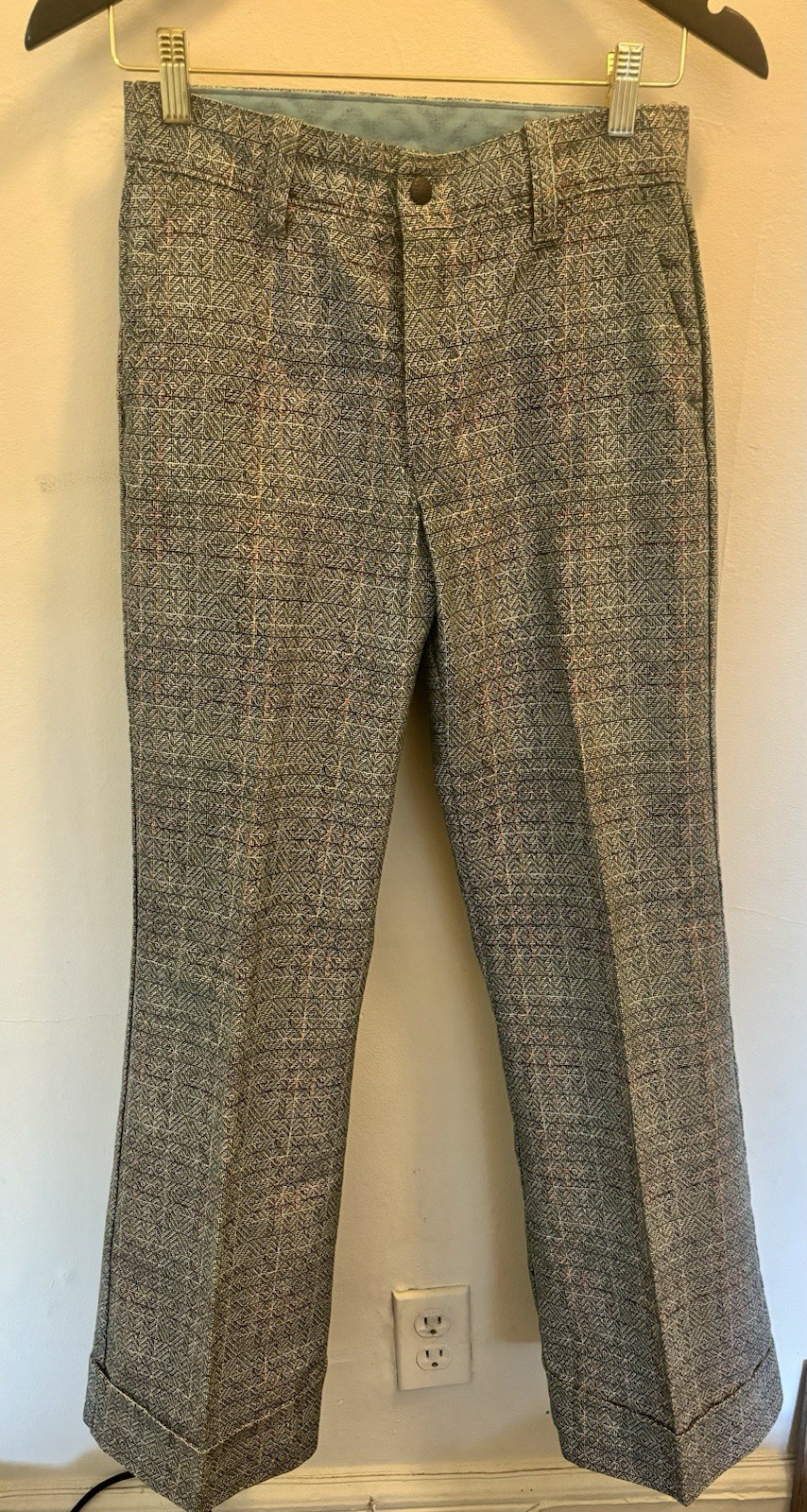 Vintage 1970s Bell Bottom Pants 27 Waist Geometric Flare Wide Cuff 70s